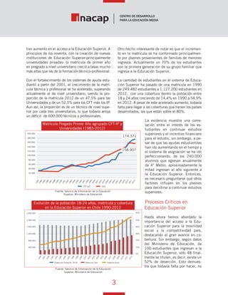 3
Vínculo Educativo / Año 1, Nº 1
tivo aumento en el acceso a la Educación Superior. A
principios de los noventa, con la creación de nuevas
instituciones de Educación Superior-principalmente
universidades privadas- la matrícula de primer año
en pregrado a nivel universitario creció a tasas mucho
más altas que las de la formación técnico-profesional.
Con el fortalecimiento de los sistemas de ayuda estu-
diantil a partir del 2001, el crecimiento de la matrí-
cula técnica y profesional se ha acelerado, superando
actualmente al de nivel universitario, siendo la pro-
porción de la matrícula 2012 de un 47,5% para las
Universidades y de un 52,5% para los CFT más los IP.
Aun así, la proporción es de un técnico de nivel supe-
rior por cada tres universitarios, lo que todavía arroja
un déficit de 600.000 técnicos y profesionales.
Otro hecho interesante de notar es que el incremen-
to en la matrícula se ha conformado principalmen-
te por jóvenes provenientes de familias de menores
ingresos. Actualmente un 70% de los estudiantes
son la primera generación de su grupo familiar que
ingresa a la Educación Superior.
La cantidad de estudiantes en el sistema de Educa-
ción Superior ha pasado de una matrícula en 1990
de 249.482 estudiantes a 1.127.200 estudiantes en
2012, con una cobertura dentro la población entre
18 y 24 años creciendo de 14,4% en 1990 a 54,9%
en 2012. A pesar de este acelerado aumento, todavía
falta para llegar a las coberturas que tienen los países
desarrollados, las que están sobre el 80%.
La evidencia muestra una corre-
lación entre el interés de los es-
tudiantes en continuar estudios
superiores y el incentivo financiero
para el estudio, sin embargo, a pe-
sar de que las ayudas estudiantiles
han ido aumentando en el tiempo y
el sistema de asignación se ha ido
perfeccionando, de los 240.000
alumnos que egresan anualmente
de 4° Medio, aproximadamente la
mitad ingresan al año siguiente a
la Educación Superior. Entonces,
es necesario preguntarse qué otros
factores influyen en los jóvenes
para decidirse a continuar estudios
superiores.
Procesos Críticos en
Educación Superior
Hasta ahora hemos abordado la
importancia del acceso a la Edu-
cación Superior para la movilidad
social y la competitividad país,
destacando el gran avance en co-
bertura. Sin embargo, según datos
del Ministerio de Educación, de
100 estudiantes que ingresan a la
Educación Superior, sólo 48 final-
mente se titulan, es decir, existe un
52% de deserción. Esto demues-
tra que todavía falta por hacer, no
Matrícula Pregado Primer Año agrupado CFT-IP y
Universidades (1983-2012)
200.000
1983
1984
1985
1986
1987
1988
1989
1990
1991
1992
1993
1994
1995
1996
1997
1998
1999
2000
2001
2002
2003
2004
2005
2006
2007
2008
2009
2010
2011
2012
CTF eIP UES
180.000
160.000
140.000
120.000
100.000
80.000
60.000
40.000
20.000
174.371
158.907
Fuente: Servicio de Información de la Educación
Superior, Ministerio de Educación
Evolución de la población 18-24 años, matrícula y cobertura
en la Educación Superior en Chile 1990-2012
2.000.000
2.400.000
1990
1991
1992
1993
1994
1995
1996
1997
1998
1999
2000
2001
2002
2003
2004
2005
2006
2007
2008
2009
2010
2011
2012
Proyección Población 18-24 Matrícula Total
1.600.000
1.200.000
800.000
400.000
50%
60%
40%
30%
20%
10%
0%
Coberura Bruta
Fuente: Servicio de Información de la Educación
Superior, Ministerio de Educación
 