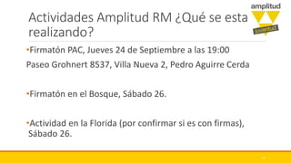 Actividades Amplitud RM ¿Qué se esta
realizando?
•Firmatón PAC, Jueves 24 de Septiembre a las 19:00
Paseo Grohnert 8537, Villa Nueva 2, Pedro Aguirre Cerda
•Firmatón en el Bosque, Sábado 26.
•Actividad en la Florida (por confirmar si es con firmas),
Sábado 26.
11
 
