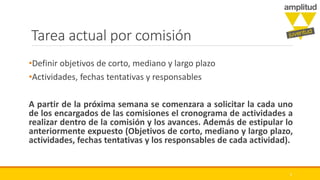 Tarea actual por comisión
•Definir objetivos de corto, mediano y largo plazo
•Actividades, fechas tentativas y responsables
A partir de la próxima semana se comenzara a solicitar la cada uno
de los encargados de las comisiones el cronograma de actividades a
realizar dentro de la comisión y los avances. Además de estipular lo
anteriormente expuesto (Objetivos de corto, mediano y largo plazo,
actividades, fechas tentativas y los responsables de cada actividad).
6
 