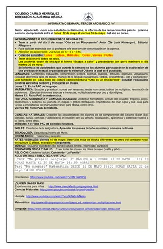 COLEGIO CAMILO HENRÍQUEZ
DIRECCIÓN ACADÉMICA BÁSICA
INFORMATIVO SEMANAL TERCER AÑO BÁSICO “A”
Señor Apoderado: Junto con saludarlo cordialmente, le informo de los requerimientos para la próxima
semana, comprendida entre el lunes 12 de mayo al viernes 16 de mayo del año en curso.
INFORMACIONES O REQUERIMIENTOS GENERALES:
 Traer a partir del día 5 de mayo “Otto es un Rinoceronte” Autor Ole Lunk Kinkergard. Editorial
Alfaguara
 Para solicitar entrevista con la profesora jefe debe enviar comunicación en la agenda.
 Atención de apoderados: Día lunes de 17:15 a 18:45.
 Colación saludable: Lunes : lácteos , Miércoles: Cereal , Viernes : Frutas
 Traer diccionario todos los días.
Los alumnos deben de ensayar el himno “Brazas a ceñir” y presentarse con gorro marinero el día
martes 20 de mayo.
Se informa a los apoderados que durante la semana se los alumnos participarán en la elaboración de
una producción textual, organizado por la editorial Océano la cual será publicada.
LENGUAJE: Contenidos trabajados, comprensión lectora, poemas, cuentos, artículos, adjetivos, vocabulario.
(Estudiar diferentes tipos de textos, manejo de la lengua (Sustantivos, verbos, pronombres), leer y comprender.
Leer también en casa libro de lectura complementaria “Otto es un rinoceronte” Estudiar vocabulario
palabras extraídas del libro y trabajadas en clases.
Lunes 12: Ficha PAC de lenguaje.
MATEMÁTICA: Estudiar y practicar, sumas con reservas, restas con canje, tablas de multiplicar, resolución de
problemas. . Ejercitar divisiones exactas e inexactas, multiplicaciones por uno y dos dígitos.
Martes 13: Ficha PAC de matemática.
HISTORIA, GEOGRAFÍA Y CIENCIAS SOCIALES: Distinguir hemisferios, círculo del Ecuador, trópicos, polos,
continentes y océanos del planeta en mapas y globos terráqueos. Importancia del mar Egeo y sus islas para
Grecia e importancia del mar Mediterráneo para Roma, entre otros.
Viernes 16: Ficha PAC de historia.
CIENCIAS NATURALES: Describir las características de algunos de los componentes del Sistema Solar (Sol,
planetas, lunas, cometas y asteroides) en relación con su tamaño, localización, apariencia y distancia relativa a
la Tierra, entre otros.
Miércoles 14: Ficha PAC de ciencias naturales.
INGLÉS: Cuaderno de la Asignatura. Aprender los meses del año en orden y números ordinales.
TECNOLOGÍA: Segunda quincena de Mayo.
ORIENTACIÓN: Tolerancia y respeto.
ARTES VISUALES: Viernes 16 de mayo: Materiales hoja de blocks diferentes recortes del combate naval
de Iquique (Collage, exposición) pegamento.
MÚSICA: Escuchar cualidades del sonido (altura, timbre, intensidad, duración)
EDUCACIÓN FÍSICA Y SALUD: Traer todas las clases los útiles de aseo (toalla y jabón).
RELIGIÓN: Cuaderno lápices. Contenido “La Familia”
AULA VIRTUAL / BIBLIOTECA VIRTUAL:
TEST “Me preparo Lenguaje: 3º BÁSICO A : DESDE 13 DE MAYO - 19: 00
HORAS HASTA EL 20 DE MAYO- 14: 00 HORAS
Test “Me preparo” Matemática DESDE 15 DE MAYO 19:00 HORAS HASTA 22 de
mayo 14:00 HORAS
Orientación: https://www.youtube.com/watch?v=Bf41la29Pig
¡QUIERO SABER MÁS!
Experimentos para niños http://www.cienciafacil.com/pagninos.html
Ciencias Naturales: http://www.youtube.com/watch?v=uhvfPcnB64w
Historia: http://www.youtube.com/watch?v=sGUWhHaNsko
Matemática: http://www.dibujosparapintar.com/juegos_ed_matematicas_multiplicaciones.html
Lenguaje: http://www.conevyt.org.mx/cursos/cursos/espanol_p/flash/juego/juego_lengua.swf
 