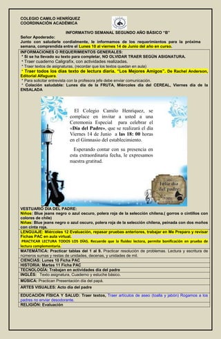 COLEGIO CAMILO HENRÍQUEZ
COORDINACIÓN ACADÉMICA
INFORMATIVO SEMANAL SEGUNDO AÑO BÁSICO “B”
Señor Apoderado:
Junto con saludarle cordialmente, le informamos de los requerimientos para la próxima
semana, comprendida entre el Lunes 10 al viernes 14 de Junio del año en curso.
INFORMACIONES O REQUERIMIENTOS GENERALES:
* Si se ha llevado su texto para completar, NO OLVIDAR TRAER SEGÚN ASIGNATURA.
* Traer cuaderno Caligrafíx, con actividades realizadas.
* Traer textos de asignaturas, (recordar que los textos quedan en aula)
* Traer todos los días texto de lectura diaria. “Los Mejores Amigos”. De Rachel Anderson,
Editorial Alfaguara.
* Para solicitar entrevista con la profesora jefe debe enviar comunicación.
* Colación saludable: Lunes día de la FRUTA, Miércoles día del CEREAL, Viernes día de la
ENSALADA
VESTUARIO DIA DEL PADRE:
Niños: Blue jeans negro o azul oscuro, polera roja de la selección chilena.( gorros o cintillos con
colores de chile)
Niñas: Blue jeans negro o azul oscuro, polera roja de la selección chilena, peinada con dos moños
con cinta roja.
LENGUAJE: Miércoles 12 Evaluación, repasar pruebas anteriores, trabajar en Me Preparo y revisar
Fichas PAC en aula virtual.
PRACTICAR LECTURA TODOS LOS DÍAS. Recuerde que la fluidez lectora, permite bonificación en prueba de
lectura complementaria.
MATEMÁTICA: Practicar tablas del 1 al 9. Practicar resolución de problemas. Lectura y escritura de
números sumas y restas de unidades, decenas, y unidades de mil.
CIENCIAS: Lunes 10 Ficha PAC
HISTORIA: Martes 11 Ficha PAC
TECNOLOGÍA: Trabajan en actividades día del padre
INGLÉS: Texto asignatura, Cuaderno y estuche básico.
MÚSICA: Practican Presentación día del papá.
ARTES VISUALES: Acto día del padre
EDUCACIÓN FÍSICA Y SALUD: Traer textos, Traer artículos de aseo (toalla y jabón) Rogamos a los
padres no enviar desodorante.
RELIGIÓN: Evaluación
El Colegio Camilo Henríquez, se
complace en invitar a usted a una
Ceremonia Especial para celebrar el
«Día del Padre», que se realizará el día
Viernes 14 de Junio a las 18: 00 horas
en el Gimnasio del establecimiento.
Esperando contar con su presencia en
esta extraordinaria fecha, le expresamos
nuestra gratitud.
 