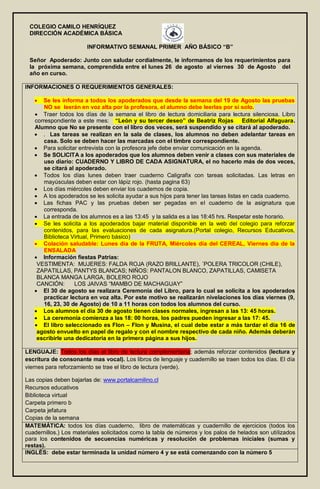 COLEGIO CAMILO HENRÍQUEZ
DIRECCIÓN ACADÉMICA BÁSICA
INFORMATIVO SEMANAL PRIMER AÑO BÁSICO “B”
Señor Apoderado: Junto con saludar cordialmente, le informamos de los requerimientos para
la próxima semana, comprendida entre el lunes 26 de agosto al viernes 30 de Agosto del
año en curso.
INFORMACIONES O REQUERIMIENTOS GENERALES:
 Se les informa a todos los apoderados que desde la semana del 19 de Agosto las pruebas
NO se leerán en voz alta por la profesora, el alumno debe leerlas por sí solo.
 Traer todos los días de la semana el libro de lectura domiciliaria para lectura silenciosa. Libro
correspondiente a este mes: “León y su tercer deseo” de Beatriz Rojas Editorial Alfaguara.
Alumno que No se presente con el libro dos veces, será suspendido y se citará al apoderado.
 . Las tareas se realizan en la sala de clases, los alumnos no deben adelantar tareas en
casa. Solo se deben hacer las marcadas con el timbre correspondiente.
 Para solicitar entrevista con la profesora jefe debe enviar comunicación en la agenda.
 Se SOLICITA a los apoderados que los alumnos deben venir a clases con sus materiales de
uso diario: CUADERNO Y LIBRO DE CADA ASIGNATURA, el no hacerlo más de dos veces,
se citará al apoderado.
 Todos los días lunes deben traer cuaderno Caligrafix con tareas solicitadas. Las letras en
mayúsculas deben estar con lápiz rojo. (hasta pagina 63)
 Los días miércoles deben enviar los cuadernos de copia.
 A los apoderados se les solicita ayudar a sus hijos para tener las tareas listas en cada cuaderno.
 Las fichas PAC y las pruebas deben ser pegadas en el cuaderno de la asignatura que
corresponda.
 La entrada de los alumnos es a las 13:45 y la salida es a las 18:45 hrs. Respetar este horario.
 Se les solicita a los apoderados bajar material disponible en la web del colegio para reforzar
contenidos, para las evaluaciones de cada asignatura.(Portal colegio, Recursos Educativos,
Biblioteca Virtual, Primero básico)
 Colación saludable: Lunes día de la FRUTA, Miércoles día del CEREAL, Viernes día de la
ENSALADA
 Información fiestas Patrias:
VESTIMENTA: MUJERES: FALDA ROJA (RAZO BRILLANTE), ´POLERA TRICOLOR (CHILE),
ZAPATILLAS, PANTYS BLANCAS; NIÑOS: PANTALON BLANCO, ZAPATILLAS, CAMISETA
BLANCA MANGA LARGA, BOLERO ROJO
CANCIÓN: LOS JAIVAS “MAMBO DE MACHAGUAY”
 El 30 de agosto se realizara Ceremonia del Libro, para lo cual se solicita a los apoderados
practicar lectura en voz alta. Por este motivo se realizarán nivelaciones los días viernes (9,
16, 23, 30 de Agosto) de 10 a 11 horas con todos los alumnos del curso.
 Los alumnos el día 30 de agosto tienen clases normales, ingresan a las 13: 45 horas.
 La ceremonia comienza a las 18: 00 horas, los padres pueden ingresar a las 17: 45.
 El libro seleccionado es Flon – Flon y Musina, el cual debe estar a más tardar el día 16 de
agosto envuelto en papel de regalo y con el nombre respectivo de cada niño. Además deberán
escribirle una dedicatoria en la primera página a sus hijos.
LENGUAJE: Todos los días el libro de lectura complementaria; además reforzar contenidos (lectura y
escritura de consonante mas vocal). Los libros de lenguaje y cuadernillo se traen todos los días. El día
viernes para reforzamiento se trae el libro de lectura (verde).
Las copias deben bajarlas de: www.portalcamilino.cl
Recursos educativos
Biblioteca virtual
Carpeta primero b
Carpeta jefatura
Copias de la semana
MATEMÁTICA: todos los días cuaderno, libro de matemáticas y cuadernillo de ejercicios (todos los
cuadernillos.) Los materiales solicitados como la tabla de números y los palos de helados son utilizados
para los contenidos de secuencias numéricas y resolución de problemas iniciales (sumas y
restas).
INGLÉS: debe estar terminada la unidad número 4 y se está comenzando con la número 5
 