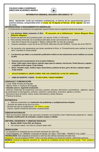 COLEGIO CAMILO HENRÍQUEZ
DIRECCIÓN ACADÉMICA BÁSICA
INFORMATIVO SEMANAL SEGUNDO AÑO BÁSICO “A”
Señor Apoderado: Junto con saludarlo cordialmente, le informo de los requerimientos para la
próxima semana, comprendida entre el Lunes de 18 Agosto al Viernes 22 de Agosto del año
en curso.
INFORMACIONES O REQUERIMIENTOS GENERALES:
A continuación se presentan los siguientes requerimientos para la siguiente semana de clases.
 Los alumnos deben presentar el libro “El secuestro de la bibliotecaria” Autora Margaret Many.
Editorial Alfaguara.
 Horario de atención de la profesora jefe: Los viernes 10:00 a 11:00 horas.
 Para solicitar entrevista con la profesora jefe debe enviar comunicación en la agenda.
 Traer libro Proyecto Sé Lenguaje 2° Básico. Editorial SM, los días de Lenguaje.
 Colación saludable: Lunes día de la LÁCTEOS, Miércoles día del CEREAL, Viernes día de la FRUTA.
 Se recuerda a los apoderados que tienen pendiente la ficha el “Consentimiento para realizar el control
sano” mandarlo lo antes posible.
 Los alumnos que falten y no presenten justificativo médico en las evaluaciones serán medidos con escala
de 80%.
 Vestuario para la presentación de la muestra Folklórica.
 Niñas: Falda negra, blusa blanca, pañuelo negro (para la cabeza), chal de lana. Pantis blancas y zapatos
o zapatillas chicle negras. (Traje chilota)
 Niños: Pantalón negro, chaleco negro, blusa blanca, polainas de lana, gorro de lana y zapatos negros.
(Traje chilote)
 ¡FELICITACIONES AL GRUPO CURSO POR LOS LOGROS DE LA PAC DE LENGUAJE!
 LEMA DE NUESTRO CURSO: “SI UNO PUEDE, TODOS PODEMOS”
LENGUAJE Y COMUNICACIÓN
* Lunes 18/08: Prueba de lenguaje.
* Martes 19/08: 4° medición de lenguaje.
* Estudiar para la siguiente evaluación.
Reforzar contenidos de sustantivos comunes y propios, artículos, diminutivos, aumentativos, adjetivos, signos
de exclamación e interrogación, sinónimo, antónimo, aumentativo, diminutivo, género y número.
Reconocer tipos de textos: noticia, textos informativos y textos literarios.
* Practicar la lectura.
MATEMÁTICA:
 Reforzar contenidos con resolución de problemas y multiplicaciones simples.
* Estudiar las tablas de las dos a la cinco.
* Revisar link para la multiplicación. Ver videos y juego.
* Jueves: Cálculo mental de adiciones y sustracciones.
CIENCIAS NATURALES:
* Aloe se encuentra viajando a las casa para compartir con la familia y traer material para presentar en clases.
* Estudiar clasificación de animales, nuestro cuerpo y hábitat.
HISTORIA, GEOGRAFÍA Y CIENCIAS SOCIALES:
 Martes 20/08: Ficha PAC de Historia.
 Ver nuevos videos. Ver links en ¡Quiero saber más!
ORIENTACIÓN:
* La asignatura se trabajará las dos primeras semanas de cada mes.
* Tema trabajado: LA VERDAD. Comentar en familia. Ver video YOUTUBE. “ PEDRITO Y EL LOBO”
TECNOLOGÍA: Esta asignatura se llevara a cabo las dos últimas semanas de cada mes.
Evaluación. Uso de programa PAINT. Crear una obra artística con líneas de colores y diferentes grosores.
MÚSICA: Durante el segundo semestre se aplicará la modalidad de dos horas el día jueves. Traer cuaderno
color rosado.
 