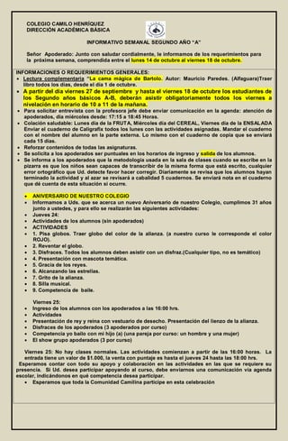 COLEGIO CAMILO HENRÍQUEZ
DIRECCIÓN ACADÉMICA BÁSICA
INFORMATIVO SEMANAL SEGUNDO AÑO “A”
Señor Apoderado: Junto con saludar cordialmente, le informamos de los requerimientos para
la próxima semana, comprendida entre el lunes 14 de octubre al viernes 18 de octubre.
INFORMACIONES O REQUERIMIENTOS GENERALES:
 Lectura complementaria “La cama mágica de Bartolo. Autor: Mauricio Paredes. (Alfaguara)Traer
libro todos los días, desde el día 1 de octubre.
 A partir del día viernes 27 de septiembre y hasta el viernes 18 de octubre los estudiantes de
los Segundo años básicos A-B, deberán asistir obligatoriamente todos los viernes a
nivelación en horario de 10 a 11 de la mañana.
 Para solicitar entrevista con la profesora jefe debe enviar comunicación en la agenda: atención de
apoderados, día miércoles desde: 17:15 a 18:45 Horas.
 Colación saludable: Lunes día de la FRUTA, Miércoles día del CEREAL, Viernes día de la ENSALADA
Enviar el cuaderno de Caligrafix todos los lunes con las actividades asignadas. Mandar el cuaderno
con el nombre del alumno en la parte externa. Lo mismo con el cuaderno de copia que se enviará
cada 15 días.
 Reforzar contenidos de todas las asignaturas.
 Se solicita a los apoderados ser puntuales en los horarios de ingreso y salida de los alumnos.
 Se informa a los apoderados que la metodología usada en la sala de clases cuando se escribe en la
pizarra es que los niños sean capaces de transcribir de la misma forma que está escrito, cualquier
error ortográfico que Ud. detecte favor hacer corregir. Diariamente se revisa que los alumnos hayan
terminado la actividad y al azar se revisará a cabalidad 5 cuadernos. Se enviará nota en el cuaderno
que dé cuenta de esta situación si ocurre.
 ANIVERSARIO DE NUESTRO COLEGIO
 Informamos a Uds. que se acerca un nuevo Aniversario de nuestro Colegio, cumplimos 31 años
junto a ustedes, y para ello se realizarán las siguientes actividades:
 Jueves 24:
 Actividades de los alumnos (sin apoderados)
 ACTIVIDADES
 1. Pisa globos. Traer globo del color de la alianza. (a nuestro curso le corresponde el color
ROJO).
 2. Reventar el globo.
 3. Disfraces. Todos los alumnos deben asistir con un disfraz.(Cualquier tipo, no es temático)
 4. Presentación con mascota temática.
 5. Gracia de los reyes.
 6. Alcanzando las estrellas.
 7. Grito de la alianza.
 8. Silla musical.
 9. Competencia de baile.
Viernes 25:
 Ingreso de los alumnos con los apoderados a las 16:00 hrs.
 Actividades
 Presentación de rey y reina con vestuario de desecho. Presentación del lienzo de la alianza.
 Disfraces de los apoderados (3 apoderados por curso)
 Competencia yo bailo con mi hijo (a) (una pareja por curso: un hombre y una mujer)
 El show grupo apoderados (3 por curso)
Viernes 25: No hay clases normales. Las actividades comienzan a partir de las 16:00 horas. La
entrada tiene un valor de $1.000, la venta con puntaje es hasta el jueves 24 hasta las 18:00 hrs.
Esperamos contar con todo su apoyo y colaboración en las actividades en las que se requiere su
presencia. Si Ud. desea participar apoyando al curso, debe enviarnos una comunicación vía agenda
escolar, indicándonos en qué competencia desea participar.
 Esperamos que toda la Comunidad Camilina participe en esta celebración
 