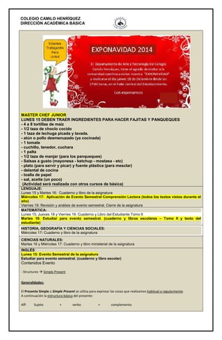 COLEGIO CAMILO HENRÍQUEZ 
DIRECCIÓN ACADÉMICA BÁSICA 
MASTER CHEF JUNIOR 
LUNES 15 DEBEN TRAER INGREDIENTES PARA HACER FAJITAS Y PANQUEQUES 
- 4 a 8 tortillas de maíz 
- 1/2 taza de choclo cocido 
- 1 taza de lechuga picada y lavada. 
- atún o pollo desmenuzado (ya cocinada) 
- 1 tomate 
- cuchillo, tenedor, cuchara 
- 1 palta 
- 1/2 taza de manjar (para los panqueques) 
- Salsas a gusto (mayonesa - ketchup - mostasa - etc) 
- plato (para servir y picar) y fuente plástica (para mesclar) 
- delantal de cocina 
- toalla de papel 
- sal, aceite (un poco) 
(Actividad será realizada con otros cursos de básica) 
LENGUAJE: 
Lunes 15 y Martes 16: Cuaderno y libro de la asignatura 
Miércoles 17: Aplicación de Evento Semestral Comprensión Lectora (todos los textos vistos durante el 
año) 
Viernes 19: Revisión y análisis de evento semestral. Cierre de la asignatura 
MATEMÁTICA: 
Lunes 15, Jueves 18 y Viernes 19: Cuaderno y Libro del Estudiante Tomo II 
Martes 16: Estudiar para evento semestral. (cuaderno y libros escolares – Tomo II y texto del 
estudiante) 
HISTORIA, GEOGRAFÍA Y CIENCIAS SOCIALES: 
Miércoles 17: Cuaderno y libro de la asignatura 
CIENCIAS NATURALES: 
Martes 16 y Miércoles 17: Cuaderno y libro ministerial de la asignatura 
INGLÉS: 
Lunes 15: Evento Semestral de la asignatura 
Estudiar para evento semestral. (cuaderno y libro escolar) 
Contenidos Evento 
- Structures  Simple Present 
Generalidades: 
El Presente Simple o Simple Present se utiliza para expresar las cosas que realizamos habitual o regularmente. 
A continuación la estructura básica del presente: 
Aff: Sujeto + verbo + complemento 
 