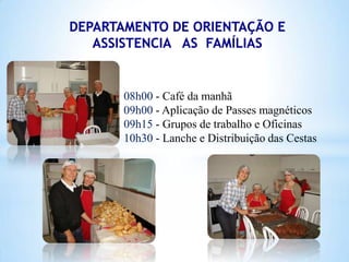 08h00 - Café da manhã
09h00 - Aplicação de Passes magnéticos
09h15 - Grupos de trabalho e Oficinas
10h30 - Lanche e Distribuição das Cestas

 