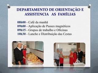 08h00 - Café da manhã
09h00 - Aplicação de Passes magnéticos
09h15 - Grupos de trabalho e Oficinas
10h30 - Lanche e Distribuição das Cestas

 