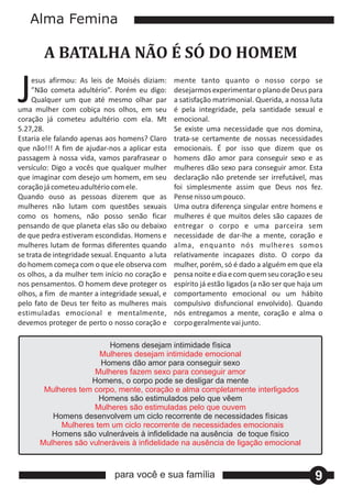 Alma Femina

       	A	BATALHA	NÃO	É	SÓ	DO	HOMEM

J    esus afirmou: As leis de Moisés diziam:
     ”Não cometa adultério”. Porém eu digo:
     Qualquer um que até mesmo olhar par
uma mulher com cobiça nos olhos, em seu
coração já cometeu adultério com ela. Mt
                                                  mente tanto quanto o nosso corpo se
                                                  desejarmos experimentar o plano de Deus para
                                                  a satisfação matrimonial. Querida, a nossa luta
                                                  é pela integridade, pela santidade sexual e
                                                  emocional.
5.27,28.                                          Se existe uma necessidade que nos domina,
Estaria ele falando apenas aos homens? Claro      trata‐se certamente de nossas necessidades
que não!!! A fim de ajudar‐nos a aplicar esta     emocionais. É por isso que dizem que os
passagem à nossa vida, vamos parafrasear o        homens dão amor para conseguir sexo e as
versículo: Digo a vocês que qualquer mulher       mulheres dão sexo para conseguir amor. Esta
que imaginar com desejo um homem, em seu          declaração não pretende ser irrefutável, mas
coração já cometeu adultério com ele.             foi simplesmente assim que Deus nos fez.
Quando ouso as pessoas dizerem que as             Pense nisso um pouco.
mulheres não lutam com questões sexuais           Uma outra diferença singular entre homens e
como os homens, não posso senão ficar             mulheres é que muitos deles são capazes de
pensando de que planeta elas são ou debaixo       entregar o corpo e uma parceira sem
de que pedra estiveram escondidas. Homens e       necessidade de dar‐lhe a mente, coração e
mulheres lutam de formas diferentes quando        alma, enquanto nós mulheres somos
se trata de integridade sexual. Enquanto a luta   relativamente incapazes disto. O corpo da
do homem começa com o que ele observa com         mulher, porém, só é dado a alguém em que ela
os olhos, a da mulher tem início no coração e     pensa noite e dia e com quem seu coração e seu
nos pensamentos. O homem deve proteger os         espírito já estão ligados (a não ser que haja um
olhos, a fim de manter a integridade sexual, e    comportamento emocional ou um hábito
pelo fato de Deus ter feito as mulheres mais      compulsivo disfuncional envolvido). Quando
estimuladas emocional e mentalmente,              nós entregamos a mente, coração e alma o
devemos proteger de perto o nosso coração e       corpo geralmente vai junto.

                        Homens desejam intimidade física
                      Mulheres desejam intimidade emocional
                      Homens dão amor para conseguir sexo
                     Mulheres fazem sexo para conseguir amor
                    Homens, o corpo pode se desligar da mente
       Mulheres tem corpo, mente, coração e alma completamente interligados
                      Homens são estimulados pelo que vêem
                    Mulheres são estimuladas pelo que ouvem
         Homens desenvolvem um ciclo recorrente de necessidades físicas
           Mulheres tem um ciclo recorrente de necessidades emocionais
         Homens são vulneráveis à infidelidade na ausência de toque físico
      Mulheres são vulneráveis à infidelidade na ausência de ligação emocional



                              para você e sua família                                          9
 