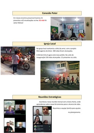 Conexão Pater
Em nosso encontro presencial tivemos 31
presentes e 62 visualizações na live. 01 vida foi
salva! Aleluia!
Igreja Local
Na igreja local realizamos a blitz do amor, com o projeto
Mensageiros do Amor. 300 vidas foram alcançadas.
A IEQ Serrinha 4 agora está novo prédio. No culto de
inauguração 150 vidas alcançadas. 21 presentes no culto.
Reuniões Estratégicas
Aconteceu nossa reunião mensal com a Every Home, onde
aprendemos sobre novas ferramentas para o alcance de vidas.
Reunimos a equipe SemCe para ajustes
no planejamento.
 