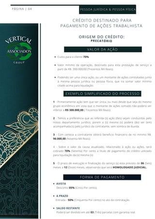 1 - Primeiramente ação tem que ser única, ou mais desde que seja do mesmo
grupo econômico em vista que o montante de ações somado não poderá ser
inferior a R$ 300.000,00 ( Trezentos Mil Reais).
2 - Temos a preferencia que as referida (s) ação (ões) sejam conduzidas pelo
nosso departamento jurídico, porem a (s) mesma (s) poderá (ão) ser (em)
acompanhada (s) pelo jurídico da contratante, sem sombra de duvida.
3 - Com certeza a contratante obterá beneficio financeiro de no minimo R$.
90.000,00 (Noventa Mil Reais).
4 - Sobre o valor da causa atualizado, relacionado à ação ou ações, será
cobrado 70% (Setenta) Por cento a titulo de pagamento do crédito utilizado
para liquidação da (s) mesma (s).
5 - O prazo de execução e finalização do serviço (s) esta previsto de 06 (Seis)
meses a 12 (Doze) meses, observando que será HOMOLOGADO JUDICIAL.
PÁGINA | 04
ORIGEM DO CRÉDITO:
CRÉDITO DESTINADO PARA
PAGAMENTO DE AÇÕES TRABALHISTA
VALOR DA AÇÃO
Custo para o cliente 70%
Valor mínimo da operação, destinado para esta prestação de serviço a
parti de R$. 300.000,00 (Trezentos Mil Reais).
Podendo ser uma única ação, ou um montante de ações constatadas junto
à mesma pessoa jurídica ou pessoa física, que ira somar valor mínimo
citado acima para liquidação.
EXEMPLO SIMPLIFICADO DO PROCESSO
FORMA DE PAGAMENTO
AVISTA
A PRAZO
SALDO RESTANTE
Desconto 05% (Cinco Por cento).
Entrada - 50% (Cinquenta Por cento) no ato da contratação.
Poderá ser dividido em até 03 (Três) parcelas com garantia real.
PESSOA JURÍDICA & PESSOA FÍSICA
PRECATÓRIO
VERTICAL
G R O U P
 