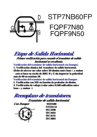 Etapa de Salida Horizontal.
  Primer verificación para cuando el transistor de salida
                 horizontal se recalienta.
Verificación del transistor de salida horizontal con Damper.
1.-Verificación ohmica del transistor de salida horizontal.
(Debe de ofrecer un valor sobre 50 ohmios entre base + y emisor
- .esto se hace en escala de 200Ω B y E sin importar la polaridad
más de 60 no máximo 58.
Verificación del transistor de salida horizontal sin Damper.
1. Verificación con MD en función de probador de diodos.
2. Verificación de voltaje (valor sobre 0.500 milivoltios entre
base + y emisor -)


Reemplazo de transistores.
             Transistor de salida horizontal.
Con Damper                     2SD2580
                              NTE23 53
                              2SC5298
                              2SC5043
                              2SC4125
                              2SC3684
 