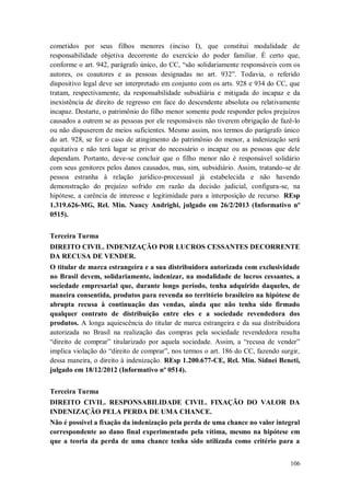 cometidos por seus filhos menores (inciso I), que constitui modalidade de
responsabilidade objetiva decorrente do exercício do poder familiar. É certo que,
conforme o art. 942, parágrafo único, do CC, “são solidariamente responsáveis com os
autores, os coautores e as pessoas designadas no art. 932”. Todavia, o referido
dispositivo legal deve ser interpretado em conjunto com os arts. 928 e 934 do CC, que
tratam, respectivamente, da responsabilidade subsidiária e mitigada do incapaz e da
inexistência de direito de regresso em face do descendente absoluta ou relativamente
incapaz. Destarte, o patrimônio do filho menor somente pode responder pelos prejuízos
causados a outrem se as pessoas por ele responsáveis não tiverem obrigação de fazê-lo
ou não dispuserem de meios suficientes. Mesmo assim, nos termos do parágrafo único
do art. 928, se for o caso de atingimento do patrimônio do menor, a indenização será
equitativa e não terá lugar se privar do necessário o incapaz ou as pessoas que dele
dependam. Portanto, deve-se concluir que o filho menor não é responsável solidário
com seus genitores pelos danos causados, mas, sim, subsidiário. Assim, tratando-se de
pessoa estranha à relação jurídico-processual já estabelecida e não havendo
demonstração do prejuízo sofrido em razão da decisão judicial, configura-se, na
hipótese, a carência de interesse e legitimidade para a interposição de recurso. REsp
1.319.626-MG, Rel. Min. Nancy Andrighi, julgado em 26/2/2013 (Informativo nº
0515).
Terceira Turma
DIREITO CIVIL. INDENIZAÇÃO POR LUCROS CESSANTES DECORRENTE
DA RECUSA DE VENDER.
O titular de marca estrangeira e a sua distribuidora autorizada com exclusividade
no Brasil devem, solidariamente, indenizar, na modalidade de lucros cessantes, a
sociedade empresarial que, durante longo período, tenha adquirido daqueles, de
maneira consentida, produtos para revenda no território brasileiro na hipótese de
abrupta recusa à continuação das vendas, ainda que não tenha sido firmado
qualquer contrato de distribuição entre eles e a sociedade revendedora dos
produtos. A longa aquiescência do titular de marca estrangeira e da sua distribuidora
autorizada no Brasil na realização das compras pela sociedade revendedora resulta
“direito de comprar” titularizado por aquela sociedade. Assim, a “recusa de vender”
implica violação do “direito de comprar”, nos termos o art. 186 do CC, fazendo surgir,
dessa maneira, o direito à indenização. REsp 1.200.677-CE, Rel. Min. Sidnei Beneti,
julgado em 18/12/2012 (Informativo nº 0514).
Terceira Turma
DIREITO CIVIL. RESPONSABILIDADE CIVIL. FIXAÇÃO DO VALOR DA
INDENIZAÇÃO PELA PERDA DE UMA CHANCE.
Não é possível a fixação da indenização pela perda de uma chance no valor integral
correspondente ao dano final experimentado pela vítima, mesmo na hipótese em
que a teoria da perda de uma chance tenha sido utilizada como critério para a
106

 