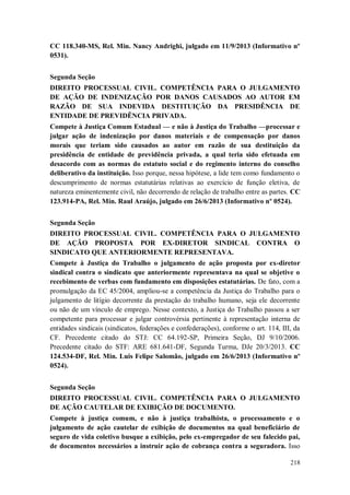 CC 118.340-MS, Rel. Min. Nancy Andrighi, julgado em 11/9/2013 (Informativo nº
0531).
Segunda Seção
DIREITO PROCESSUAL CIVIL. COMPETÊNCIA PARA O JULGAMENTO
DE AÇÃO DE INDENIZAÇÃO POR DANOS CAUSADOS AO AUTOR EM
RAZÃO DE SUA INDEVIDA DESTITUIÇÃO DA PRESIDÊNCIA DE
ENTIDADE DE PREVIDÊNCIA PRIVADA.
Compete à Justiça Comum Estadual — e não à Justiça do Trabalho —processar e
julgar ação de indenização por danos materiais e de compensação por danos
morais que teriam sido causados ao autor em razão de sua destituição da
presidência de entidade de previdência privada, a qual teria sido efetuada em
desacordo com as normas do estatuto social e do regimento interno do conselho
deliberativo da instituição. Isso porque, nessa hipótese, a lide tem como fundamento o
descumprimento de normas estatutárias relativas ao exercício de função eletiva, de
natureza eminentemente civil, não decorrendo de relação de trabalho entre as partes. CC
123.914-PA, Rel. Min. Raul Araújo, julgado em 26/6/2013 (Informativo nº 0524).
Segunda Seção
DIREITO PROCESSUAL CIVIL. COMPETÊNCIA PARA O JULGAMENTO
DE AÇÃO PROPOSTA POR EX-DIRETOR SINDICAL CONTRA O
SINDICATO QUE ANTERIORMENTE REPRESENTAVA.
Compete à Justiça do Trabalho o julgamento de ação proposta por ex-diretor
sindical contra o sindicato que anteriormente representava na qual se objetive o
recebimento de verbas com fundamento em disposições estatutárias. De fato, com a
promulgação da EC 45/2004, ampliou-se a competência da Justiça do Trabalho para o
julgamento de litígio decorrente da prestação do trabalho humano, seja ele decorrente
ou não de um vínculo de emprego. Nesse contexto, a Justiça do Trabalho passou a ser
competente para processar e julgar controvérsia pertinente à representação interna de
entidades sindicais (sindicatos, federações e confederações), conforme o art. 114, III, da
CF. Precedente citado do STJ: CC 64.192-SP, Primeira Seção, DJ 9/10/2006.
Precedente citado do STF: ARE 681.641-DF, Segunda Turma, DJe 20/3/2013. CC
124.534-DF, Rel. Min. Luis Felipe Salomão, julgado em 26/6/2013 (Informativo nº
0524).
Segunda Seção
DIREITO PROCESSUAL CIVIL. COMPETÊNCIA PARA O JULGAMENTO
DE AÇÃO CAUTELAR DE EXIBIÇÃO DE DOCUMENTO.
Compete à justiça comum, e não à justiça trabalhista, o processamento e o
julgamento de ação cautelar de exibição de documentos na qual beneficiário de
seguro de vida coletivo busque a exibição, pelo ex-empregador de seu falecido pai,
de documentos necessários a instruir ação de cobrança contra a seguradora. Isso
218

 