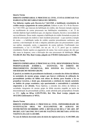 Quarta Turma
DIREITO EMPRESARIAL E PROCESSUAL CIVIL. CUSTAS JUDICIAIS NAS
HABILITAÇÕES RETARDATÁRIAS DE CRÉDITO.
Nas falências regidas pelo Decreto-Lei 7.661/1945, a habilitação retardatária de
crédito enseja o pagamento de custas judiciais. Embora os arts. 82 e 98 do DecretoLei 7.661/1945, que tratavam da habilitação de crédito, não fizessem menção expressa
ao recolhimento de custas processuais nas habilitações retardatárias, o art. 23 do
referido diploma legal estabelecia que, em algumas situações, haveria a necessidade de
seu recolhimento. Desse modo, enquanto a habilitação de crédito formulada no prazo do
edital de convocação de credores é mero incidente processual – o que acarreta a isenção
de custas –, a habilitação tardia do crédito constitui procedimento autônomo, que
acarreta a movimentação de toda a máquina judiciária para seu processamento e para
sua análise, ensejando, assim, o pagamento de custas judiciais. Confirmando esse
entendimento, a Lei 11.101/2005, em seu art. 10, § 3º, prevê que os credores
retardatários ficarão sujeitos ao pagamento de custas. Isso ocorre porque são eles que
dão causa às despesas, com a efetivação dos atos processuais da habilitação. REsp
512.406-SP, Rel. Min. Raul Araújo, julgado em 27/8/2013 (Informativo nº 0528).
Quarta Turma
DIREITO EMPRESARIAL E PROCESSUAL CIVIL. DESCONSIDERAÇÃO DA
PERSONALIDADE JURÍDICA.
EXTENSÃO, NO ÂMBITO DE
PROCEDIMENTO INCIDENTAL, DOS EFEITOS DA FALÊNCIA À
SOCIEDADE DO MESMO GRUPO.
É possível, no âmbito de procedimento incidental, a extensão dos efeitos da falência
às sociedades do mesmo grupo, sempre que houver evidências de utilização da
personalidade jurídica da falida com abuso de direito, para fraudar a lei ou
prejudicar terceiros, e desde que, demonstrada a existência de vínculo societário
no âmbito do grupo econômico, seja oportunizado o contraditório à sociedade
empresária a ser afetada. Nessa hipótese, a extensão dos efeitos da falência às
sociedades integrantes do mesmo grupo da falida encontra respaldo na teoria da
desconsideração da personalidade jurídica, sendo admitida pela jurisprudência firmada
no STJ. AgRg no REsp 1.229.579-MG, Rel. Min. Raul Araújo, julgado em
18/12/2012 (Informativo nº 0513).
Quarta Turma
DIREITO EMPRESARIAL E PROCESSUAL CIVIL. IMPOSSIBILIDADE DE
SUSTENTAÇÃO
ORAL
NO
JULGAMENTO
DE
AGRAVO
DE
INSTRUMENTO OCORRIDO APÓS A REVOGAÇÃO DO § 1º DO ART. 207
DO DEC.-LEI 7.661/1945, NO CASO DE FALÊNCIA DECRETADA ANTES DA
VIGÊNCIA DA LEI 11.101/2005.
No caso de falência decretada antes do início da vigência da Lei n. 11.101/2005, não
303

 