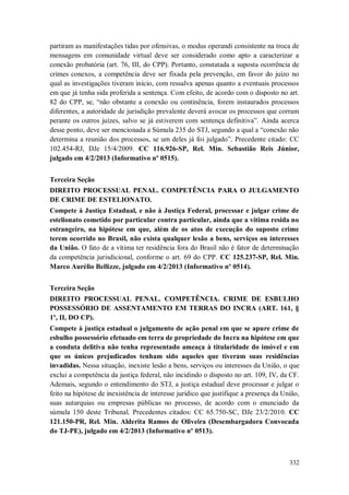 partiram as manifestações tidas por ofensivas, o modus operandi consistente na troca de
mensagens em comunidade virtual deve ser considerado como apto a caracterizar a
conexão probatória (art. 76, III, do CPP). Portanto, constatada a suposta ocorrência de
crimes conexos, a competência deve ser fixada pela prevenção, em favor do juízo no
qual as investigações tiveram início, com ressalva apenas quanto a eventuais processos
em que já tenha sida proferida a sentença. Com efeito, de acordo com o disposto no art.
82 do CPP, se, “não obstante a conexão ou continência, forem instaurados processos
diferentes, a autoridade de jurisdição prevalente deverá avocar os processos que corram
perante os outros juízes, salvo se já estiverem com sentença definitiva”. Ainda acerca
desse ponto, deve ser mencionada a Súmula 235 do STJ, segundo a qual a “conexão não
determina a reunião dos processos, se um deles já foi julgado”. Precedente citado: CC
102.454-RJ, DJe 15/4/2009. CC 116.926-SP, Rel. Min. Sebastião Reis Júnior,
julgado em 4/2/2013 (Informativo nº 0515).
Terceira Seção
DIREITO PROCESSUAL PENAL. COMPETÊNCIA PARA O JULGAMENTO
DE CRIME DE ESTELIONATO.
Compete à Justiça Estadual, e não à Justiça Federal, processar e julgar crime de
estelionato cometido por particular contra particular, ainda que a vítima resida no
estrangeiro, na hipótese em que, além de os atos de execução do suposto crime
terem ocorrido no Brasil, não exista qualquer lesão a bens, serviços ou interesses
da União. O fato de a vítima ter residência fora do Brasil não é fator de determinação
da competência jurisdicional, conforme o art. 69 do CPP. CC 125.237-SP, Rel. Min.
Marco Aurélio Bellizze, julgado em 4/2/2013 (Informativo nº 0514).
Terceira Seção
DIREITO PROCESSUAL PENAL. COMPETÊNCIA. CRIME DE ESBULHO
POSSESSÓRIO DE ASSENTAMENTO EM TERRAS DO INCRA (ART. 161, §
1º, II, DO CP).
Compete à justiça estadual o julgamento de ação penal em que se apure crime de
esbulho possessório efetuado em terra de propriedade do Incra na hipótese em que
a conduta delitiva não tenha representado ameaça à titularidade do imóvel e em
que os únicos prejudicados tenham sido aqueles que tiveram suas residências
invadidas. Nessa situação, inexiste lesão a bens, serviços ou interesses da União, o que
exclui a competência da justiça federal, não incidindo o disposto no art. 109, IV, da CF.
Ademais, segundo o entendimento do STJ, a justiça estadual deve processar e julgar o
feito na hipótese de inexistência de interesse jurídico que justifique a presença da União,
suas autarquias ou empresas públicas no processo, de acordo com o enunciado da
súmula 150 deste Tribunal. Precedentes citados: CC 65.750-SC, DJe 23/2/2010. CC
121.150-PR, Rel. Min. Alderita Ramos de Oliveira (Desembargadora Convocada
do TJ-PE), julgado em 4/2/2013 (Informativo nº 0513).

332

 