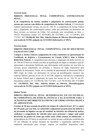 Terceira Seção
DIREITO
PENAL.

PROCESSUAL

PENAL.

COMPETÊNCIA.

CONTRAVENÇÃO

É da competência da Justiça estadual o julgamento de contravenções penais,
mesmo que conexas com delitos de competência da Justiça Federal. A Constituição
Federal expressamente excluiu, em seu art. 109, IV, a competência da Justiça Federal
para o julgamento das contravenções penais, ainda que praticadas em detrimento de
bens, serviços ou interesse da União. Tal orientação está consolidada na Súm. n.
38/STJ. Precedentes citados: CC 20.454-RO, DJ 14/2/2000, e CC 117.220-BA, DJe
7/2/2011. CC 120.406-RJ, Rel. Min. Alderita Ramos de Oliveira (Desembargadora
convocada do TJ-PE), julgado em 12/12/2012 (Informativo nº 0511).
Terceira Seção
DIREITO PROCESSUAL PENAL. COMPETÊNCIA. USO DE DOCUMENTO
FALSO JUNTO À PRF.
Compete à Justiça Federal o julgamento de crime consistente na apresentação de
Certificado de Registro e Licenciamento de Veículo (CRLV) falso à Polícia
Rodoviária Federal. A competência para processo e julgamento do delito previsto no
art. 304 do CP deve ser fixada com base na qualificação do órgão ou entidade à qual foi
apresentado o documento falsificado, que efetivamente sofre prejuízo em seus bens ou
serviços, pouco importando, em princípio, a natureza do órgão responsável pela
expedição do documento. Assim, em se tratando de apresentação de documento falso à
PRF, órgão da União, em detrimento do serviço de patrulhamento ostensivo das
rodovias federais, previsto no art. 20, II, do CTB, afigura-se inarredável a competência
da Justiça Federal para o julgamento da causa, nos termos do art. 109, IV, da CF.
Precedentes citados: CC 112.984-SE, DJe 7/12/2011, e CC 99.105-RS, DJe 27/2/2009.
CC 124.498-ES, Rel. Min. Alderita Ramos de Oliveira (Desembargadora
convocada do TJ-PE), julgado em 12/12/2012 (Informativo nº 0511).
Quinta Turma
DIREITO PROCESSUAL PENAL. DETERMINAÇÃO, EM LEI ESTADUAL,
DE COMPETÊNCIA DO JUÍZO DA INFÂNCIA E DA JUVENTUDE PARA A
AÇÃO PENAL DECORRENTE DA PRÁTICA DE CRIME CONTRA CRIANÇA
OU ADOLESCENTE.
O maior de 18 anos acusado da prática de estupro de vulnerável (art. 217-A, caput,
do CP) pode, por esse fato, ser submetido a julgamento perante juízo da infância e
da juventude na hipótese em que lei estadual, de iniciativa do tribunal de justiça,
estabeleça a competência do referido juízo para processar e julgar ação penal
decorrente da prática de crime que tenha como vítima criança ou adolescente. A
jurisprudência do STJ havia se pacificado no sentido de que a atribuição conferida pela
CF aos tribunais de justiça estaduais de disciplinar a organização judiciária não
implicaria autorização para revogar, ampliar ou modificar disposições sobre
333

 