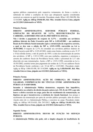agentes públicos responsáveis pelo respectivo treinamento, de forma a revelar a
submissão do militar a condições de risco que ultrapassem aquelas consideradas
razoáveis no contexto no qual foi inserido. Precedente citado: REsp 1.021.500-PR, DJe
13/10/2009. AgRg no AREsp 29.046-RS, Rel. Min. Arnaldo Esteves Lima, julgado
em 21/2/2013 (Informativo nº 0515).
Primeira Turma
DIREITO
ADMINISTRATIVO.
SERVIDOR
PÚBLICO
FEDERAL.
LIMITAÇÃO DO REAJUSTE DE 3,17%. REESTRUTURAÇÃO DA
CARREIRA. AUDITORES FISCAIS DA PREVIDÊNCIA SOCIAL.
Não é devido o pagamento do reajuste de 3,17% – estendido aos servidores
públicos federais do Poder Executivo pela MP n. 2.225-45/2001 – aos auditores
fiscais da Previdência Social nomeados após a estruturação da respectiva carreira,
a qual se deu com a edição da MP n. 1.915-1/1999, convertida na Lei n.
10.593/2002. O reajuste de 3,17% foi estendido aos servidores públicos federais do
Poder Executivo pela MP n. 2.225-45/2001, tendo como limites, conforme os arts. 8º, 9º
e 10 da referida norma, o mês de janeiro de 1995 e a data da reestruturação da carreira
dos servidores. A MP n. 1.915-1/1999, com suas reedições, organizou e estruturou a
carreira dos auditores fiscais da Previdência Social, tendo o percentual de 3,17 sido
absorvido em suas remunerações. Assim, a MP n. 1.915-1/1999, convertida na Lei n.
10.593/2002, constitui termo para pagamento do resíduo de 3,17% aos auditores fiscais
da Previdência Social, conforme o art. 10 da MP n. 2.225/2001. Precedente citado:
AgRg no REsp 1.086.435-PR, DJ 31/8/2009. AgRg no Ag 1.428.564-DF, Rel. Min.
Arnaldo Esteves Lima, julgado em 4/12/2012 (Informativo nº 0512).
Primeira Turma
DIREITO ADMINISTRATIVO. AÇÃO DE COBRANÇA DE VERBAS
SALARIAIS. COMPROVAÇÃO DO VÍNCULO ENTRE ADMINISTRAÇÃO
PÚBLICA E O SERVIDOR.
Incumbe à Administração Pública demonstrar, enquanto fato impeditivo,
modificativo ou extintivo do direito da parte autora (art. 333, II, do CPC), que não
houve o efetivo exercício no cargo, para fins de recebimento da remuneração, na
hipótese em que é incontroversa a existência do vínculo funcional. Isso porque o
recebimento da remuneração por parte do servidor público pressupõe, além do efetivo
vínculo entre ele e a Administração Pública, o exercício no cargo. Precedente citado:
AgRg no AREsp 149.514-GO, DJe 29/5/2012. AgRg no AREsp 116.481-GO, Rel.
Min. Arnaldo Esteves Lima, julgado em 4/12/2012 (Informativo nº 0511).
Segunda Turma
DIREITO ADMINISTRATIVO.
PÚBLICO.

DESVIO

DE

FUNÇÃO

NO

SERVIÇO

A Administração Pública não pode, sob a simples alegação de insuficiência de
31

 