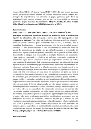 homem (REsp 412.684-SP, Quarta Turma, DJ 25/11/2002). De mais a mais, quaisquer
valores que sejam porventura apurados em favor do alimentante estarão cobertos pelo
princípio da irrepetibilidade dos alimentos já pagos, justificado pelo dever de
solidariedade entre os seres humanos, uma vez que, em última análise, os alimentos
garantem a própria existência do alimentando. REsp 922.462-SP, Rel. Min. Ricardo
Villas Bôas Cueva, julgado em 4/4/2013 (Informativo nº 0522).
Terceira Turma
DIREITO CIVIL. ABRANGÊNCIA DOS ALIMENTOS PROVISÓRIOS.
Em regra, os alimentos provisórios fixados em percentual sobre os rendimentos
líquidos do alimentante não abrangem as verbas que não façam parte da sua
remuneração habitual. Com efeito, na fixação dos alimentos provisórios, o julgador,
diante do pedido formulado pelo alimentando, não se volta, a princípio, para a
capacidade do alimentante — na qual a natureza do valor da verba percebida tem real
influência —, mas procura encontrar o ideal dos alimentos ad necessitate, diante da
análise dos elementos de que dispõe e do que vislumbra compor as necessidades do
alimentando. Apenas quando ultrapassada essa análise inicial, passa-se a dispor sobre a
possibilidade de adequar essa necessidade às condições financeiras do alimentante.
Nesse contexto, constatada a existência de suficiente capacidade econômica do
alimentante, o juiz fixa os alimentos no valor que originalmente concluiu ser o ideal
para o sustento do alimentando. Vale ressaltar que, nesse caso, não há perquirição sobre
a possibilidade de o alimentante pagar valor maior se a necessidade do alimentando foi
plenamente satisfeita. Deparando-se o julgador, contudo, com situação contrária, na
qual o valor percebido pelo alimentante não é suficiente para o pagamento do quantum
ideal, será este valor glosado até que possa ser aumentado ao ponto de suprir a
necessidade do alimentando, circunstância que ensejará um acompanhamento da fortuna
do alimentante, pois um aumento em sua capacidade econômica poderá acarretar —
quando pedido — equiparável acréscimo no valor dos alimentos. Dessa visão conceitual
do processo de fixação dos alimentos provisórios, extrai-se que a fortuna do alimentante
não está associada, de forma indiscriminada, ao valor desses alimentos. Assim, as
variações positivas na remuneração total do alimentante, de regra, não terão impacto em
seu valor, salvo se as necessidades do alimentando, constatadas inicialmente, não
tiverem sido supridas integralmente, ou, ainda, quando houver superveniente alteração
no elemento necessidade. Supridas as necessidades legalmente preconizadas pelo valor
já pago e não sendo os alimentos provisórios, provisionais ou pro tempore cota de
participação no sucesso do alimentante, razão não há para que o aumento de seus
rendimentos, mormente aqueles oriundos de verbas não regulares (abono, participação
nos lucros e gratificações), tenha reflexos proporcionais no monte destinado aos
alimentos, pois as necessidades do alimentando não aumentam, automaticamente, com a
possibilidade de aumento dos ganhos do alimentante. REsp 1.261.247-SP, Rel. Min.
Nancy Andrighi, julgado em 16/4/2013 (Informativo nº 0519).
Terceira Turma
89

 