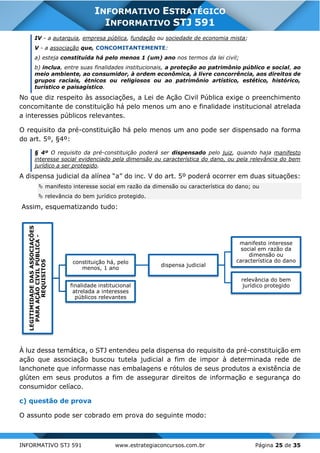 INFORMATIVO STJ 591 www.estrategiaconcursos.com.br Página 25 de 35
INFORMATIVO ESTRATÉGICO
INFORMATIVO STJ 591
IV - a autarquia, empresa pública, fundação ou sociedade de economia mista;
V - a associação que, CONCOMITANTEMENTE:
a) esteja constituída há pelo menos 1 (um) ano nos termos da lei civil;
b) inclua, entre suas finalidades institucionais, a proteção ao patrimônio público e social, ao
meio ambiente, ao consumidor, à ordem econômica, à livre concorrência, aos direitos de
grupos raciais, étnicos ou religiosos ou ao patrimônio artístico, estético, histórico,
turístico e paisagístico.
No que diz respeito às associações, a Lei de Ação Civil Pública exige o preenchimento
concomitante de constituição há pelo menos um ano e finalidade institucional atrelada
a interesses públicos relevantes.
O requisito da pré-constituição há pelo menos um ano pode ser dispensado na forma
do art. 5º, §4º:
§ 4º O requisito da pré-constituição poderá ser dispensado pelo juiz, quando haja manifesto
interesse social evidenciado pela dimensão ou característica do dano, ou pela relevância do bem
jurídico a ser protegido.
A dispensa judicial da alínea “a” do inc. V do art. 5º poderá ocorrer em duas situações:
 manifesto interesse social em razão da dimensão ou característica do dano; ou
 relevância do bem jurídico protegido.
Assim, esquematizando tudo:
À luz dessa temática, o STJ entendeu pela dispensa do requisito da pré-constituição em
ação que associação buscou tutela judicial a fim de impor à determinada rede de
lanchonete que informasse nas embalagens e rótulos de seus produtos a existência de
glúten em seus produtos a fim de assegurar direitos de informação e segurança do
consumidor celíaco.
c) questão de prova
O assunto pode ser cobrado em prova do seguinte modo:
LEGITIMIDADEDASASSOCIAÇÕES
PARAAÇÃOCIVILPÚBLICA-
REQUISITOS
constituição há, pelo
menos, 1 ano
dispensa judicial
manifesto interesse
social em razão da
dimensão ou
característica do dano
relevância do bem
jurídico protegidofinalidade institucional
atrelada a interesses
públicos relevantes
 