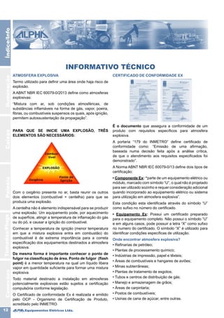 Equipamentos Elétricos Ltda.12
IluminaçãoCaixasPainéisTomadas/PlugsÍndice/InfoConexões
INFORMATIVO TÉCNICO
ATMOSFERA EXPLOSIVA
Termo utilizado para definir uma área onde haja risco de
explosão.
A ABNT NBR IEC 60079-0/2013 define como atmosferas
explosivas:
“Mistura com ar, sob condições atmosféricas, de
substâncias inflamáveis na forma de gás, vapor, poeira,
fibras, ou combustíveis suspensos os quais, após ignição,
permitem autossustentação da propagação”.
PARA QUE SE INICIE UMA EXPLOSÃO, TRÊS
ELEMENTOS SÃO NECESSÁRIOS:
Com o oxigênio presente no ar, basta reunir os outros
dois elementos (combustível + centelha) para que se
produza uma explosão.
A centelha não é elemento indispensável para se produzir
uma explosão. Um equipamento pode, por aquecimento
de superfície, atingir a temperatura de inflamação do gás
ou do pó, e causar a ignição do combustível.
Conhecer a temperatura de ignição (menor temperatura
em que a mistura explosiva entra em combustão) do
combustível é de extrema importância para a correta
especificação dos equipamentos destinados a atmosfera
explosiva.
Da mesma forma é importante conhecer o ponto de
fulgor na classificação de área. Ponto de fulgor (flash
point) é a menor temperatura na qual um líquido libera
vapor em quantidade suficiente para formar uma mistura
explosiva.
Todo material destinado a instalação em atmosferas
potencialmente explosivas estão sujeitos a certificação
compulsória conforme legislação.
O Certificado de conformidade Ex é realizada e emitido
pelo OCP - Organismo de Certificação de Produto,
acreditado pelo INMETRO.
CERTIFICADO DE CONFORMIDADE EX
É o documento que assegura a conformidade de um
produto com requisitos específicos para atmosfera
explosiva.
A portaria “179 do INMETRO” define certificado de
conformidade como: “Emissão de uma afirmação,
baseada numa decisão feita após a análise crítica,
de que o atendimento aos requisitos especificados foi
demonstrado”.
A Norma ABNT NBR IEC 60079-0/13 define dois tipos de
certificação:
• Componente Ex: “parte de um equipamento elétrico ou
módulo, marcado com símbolo “U”, o qual não é projetado
para ser utilizado sozinho e requer consideração adicional
quando incorporado ao equipamento elétrico ou sistema
para utilização em atmosfera explosiva”.
Esta condição esta identificada através do símbolo “U”
como sufixo no número do certificado.
• Equipamento Ex: Possui um certificado preparado
para o equipamento completo. Não possui o símbolo “U”
e em alguns casos, pode possuir a letra “X” como sufixo
no numero do certificado. O símbolo “X” é utilizado para
identificar condições específicas de utilização.
Onde encontrar atmosfera explosiva?
• Refinarias de petróleo;
• Plantas de processamento químico;
• Indústrias de impressão, papel e têxteis;
• Áreas de combustíveis e hangares de aviões;
• Minas subterrâneas;
• Plantas de tratamento de esgotos;
• Tubos e centros de distribuição de gás;
• Manejo e armazenagem de grãos;
• Áreas de carpintaria;
• Postos de combustíveis;
• Usinas de cana de açúcar, entre outras.
 