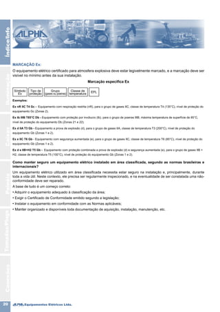 Equipamentos Elétricos Ltda.20
IluminaçãoCaixasPainéisTomadas/PlugsÍndice/InfoConexões
MARCAÇÃO Ex:
O equipamento elétrico certificado para atmosfera explosiva deve estar legivelmente marcado, e a marcação deve ser
visível no mínimo antes da sua instalação.
Marcação especifica Ex
Exemplos:
Ex nR IIC T4 Gc - Equipamento com respiração restrita (nR), para o grupo de gases IIC, classe de temperatura T4 (135°C), nível de proteção do
equipamento Gc (Zonas 2).
Ex tb IIIB T85°C Db - Equipamento com proteção por invólucro (tb), para o grupo de poeiras IIIB, máxima temperatura de superfície de 85°C,
nível de proteção do equipamento Db (Zonas 21 e 22).
Ex d IIA T3 Gb - Equipamento a prova de explosão (d), para o grupo de gases IIA, classe de temperatura T3 (200°C), nível de proteção do
equipamento Gb (Zonas 1 e 2).
Ex e IIC T6 Gb - Equipamento com segurança aumentada (e), para o grupo de gases IIC, classe de temperatura T6 (85°C), nível de proteção do
equipamento Gb (Zonas 1 e 2).
Ex d e IIB+H2 T5 Gb - Equipamento com proteção combinada a prova de explosão (d) e segurança aumentada (e), para o grupo de gases IIB +
H2, classe de temperatura T5 (100°C), nível de proteção do equipamento Gb (Zonas 1 e 2).
Como manter seguro um equipamento elétrico instalado em área classificada, segundo as normas brasileiras e
internacionais?
Um equipamento elétrico utilizado em área classificada necessita estar seguro na instalação e, principalmente, durante
toda a vida útil. Neste contexto, ele precisa ser regularmente inspecionado, e na eventualidade de ser constatada uma não-
conformidade deve ser reparado.
A base de tudo é um começo correto:
• Adquirir o equipamento adequado à classificação da área;
• Exigir o Certificado de Conformidade emitido segundo a legislação;
• Instalar o equipamento em conformidade com as Normas aplicáveis;
• Manter organizado e disponíveis toda documentação de aquisição, instalação, manutenção, etc.
 
