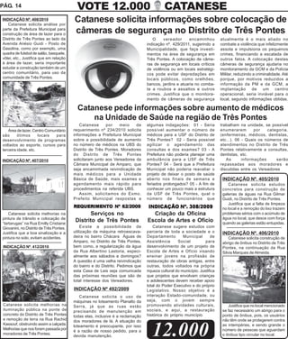 PÁG. 14                                   VOTE 12.000                                     CATANESE
INDICAÇÃO Nº. 408/2010
   Catanese solicita análise por
                                         Catanese solicita informações sobre colocação de
parte da Prefeitura Municipal para
construção de área de lazer para o
                                         câmeras de segurança no Distrito de Três Pontes
Distrito de Três Pontes ao lado da                                                 O     vereador      encaminhou          atualmente é o mais aliado no
Avenida Anésio Guidi - Posto de                                                 indicação nº. 429/2011, sugerindo a        combate a violência que infelizmente
Gasolina, como por exemplo, uma                                                 Municipalidade, que faça investi-          assola e impulsiona os pequenos
quadra de futebol de salão, basquete,                                           mentos na área de segurança em             crimes, financiando a escalada de
vôlei, etc., Justifica que em relação                                           Três Pontes. A colocação de câme-          outros fatos. A colocação destas
à área de lazer, seria importante                                               ras de segurança em locais críticos        câmeras de segurança ajudaria no
estudar a construção também de um                                               de violência ou em locais estratégi-       monitoramento da GCM e da Polícia
centro comunitário, para uso da                                                 cos pode evitar depredações em             Militar, reduzindo a criminalidade. Até
comunidade de Três Pontes.                                                      locais públicos, como orelhões,            porque, por motivos reduzidos a
                                                                                bancos, jardins e atuaria no comba-        informação da PM e da GCM, a
                                                                                te a roubos e assaltos e outros            implantação de um centro
                                                                                crimes. Justifica que o monitora-          operacional, seria inviável para o
                                                                                mento de câmeras de segurança              local, segundo informações obtidas.

                                           Catanese pede informações sobre aumento de médicos
                                               na Unidade de Saúde na região de Três Pontes
                                            Catanese       por    meio    de    algumas indagações: 01 - Seria             trabalham na unidade, se possível
   Área de lazer, Centro Comunitário     requerimento nº 234/2010 solicita      possível aumentar o número de              enumerarem        por   categoria.
são      ótimos      locais   para       informações a Prefeitura Municipal     médicos para a USF do Distrito de          (enfermeiras, médicos, dentistas,
desenvolvimento de programas             sobre a possibilidade de aumento       Três Pontes? 02 - Seria possível           etc...). 06 - Quais os números de
voltados ao esporte, cursos para         no número de médicos na UBS do         agilizar o agendamento das                 atendimentos no Distrito de Três
terceira idade, etc.                     Distrito de Três Pontes. Moradores     consultas e dos exames? 03 - A             Pontes relativamente a consultas,
                                         do Distrito de Três Pontes             Prefeitura não poderia planejar uma        dentistas, etc.
INDICAÇÃO Nº. 407/2010                   solicitaram junto aos Vereadores da    ambulância para a USF de Três                 As       informações     serão
                                         Câmara Municipal de Amparo, que        Pontes? 04 - Será que a Prefeitura         repassadas aos moradores e
                                         seja encaminhada reivindicação de      Municipal não poderia reavaliar o          discutidas entre os Vereadores
                                         mais médicos para a Unidade            projeto de deixar o posto de saúde
                                         Básica de Saúde, mais exames e         aberto nos finais de semana e               INDICAÇÃO Nº. 405/2010
                                         agendamento mais rápido para           feriados prolongados? 05 - A fim de            Catanese solicita estudos
                                         procedimentos na referida UBS.         conhecer um pouco mais a estrutura          concretos para construção de
                                            Assim, solicitamos do Exmo.         da USF de Três Pontes, qual o               galerias de águas na Rua Gilmar
                                         Prefeito Municipal respostas a         número de funcionários que                  Guidi, no Distrito de Três Pontes.
                                                                                                                               Justifica que a falta de limpeza
                                         REQUERIMENTO Nº 62/2009
                                         REQUERIMENT
                                            UERIMENTO                            INDICAÇÃO Nº. 308/2009                     no local e a remoção do lixo trazem
    Catanese solicita melhorias na              Serviços no                       Criação da Oficina                        problemas sérios com o acúmulo de
pintura de trânsito e colocação de                                                                                          água no local, que desce com força
“tartarugas” na Rua Emilly Cristiane
                                          Distrito de Três Pontes               Escola de Artes e Ofício                    quando as galerias estão entupidas.
Giovanini, no Distrito de Três Pontes.       Existe a possibilidade de              Catanese sugere estudos com
Justifica que a boa sinalização e a      utilização da máquina retroescava-     parceria de toda a sociedade e o            INDICAÇÃO Nº. 406/2010
pintura no solo, evitam acidentes.       deira no bairro Chácara Águas de       Departamento         Municipal       de         Catanese solicita construção de
                                         Amparo, no Distrito de Três Pontes,    Assistência       Social          para      abrigo de ônibus no Distrito de Três
 INDICAÇÃO Nº. 412/2010                  bem como, a regularização da água      desenvolvimento de um projeto de            Pontes, na continuação da Rua
                                         da Rua Albertino Lastoria, especi-     Escola de Artes e Ofício visando            Silvia Marques de Almeida.
                                         almente aos sábados e domingos?        ensinar jovens na profissão de
                                         A questão é uma velha reivindicação    restauração de obras antigas, entre
                                         do bairro e do Distrito. Pedimos que   outras, todos voltados na própria
                                         esta Casa de Leis seja comunicada      riqueza cultural do município. Justifica
                                         das próximas reuniões que são de       que projetos que envolvam crianças
                                         total interesse dos Vereadores.        e adolescentes devem receber apoio
                                                                                total do Poder Executivo e do próprio
                                         INDICAÇÃO Nº 492/2009                  Legislativo. Nosso objetivo é a
                                             Catanese solicita o uso de         interação Estado-comunidade, ou
                                         máquinas no loteamento Planalto da     seja, com o jovem sempre
 Catanese solicita melhorias na          Serra, já que as ruas estão            promovendo atividades culturais,               Justifica que no local mencionado
 iluminação pública na ponte de          precisando de manutenção em            sociais, e aqui, a restauração              se faz necessário um abrigo para o
 concreto do Distrito de Três Pontes     todas elas, inclusive é a reclamação   histórica do próprio município.             ponto de ônibus, pois, os usuários
 e remoção de terra na Rua Rachid        dos moradores de lá. A situação do                                                 não têm onde se protegerem contra


                                                                                   12.000
 Kassouf, obstruindo assim a calçada.                                                                                       as intempéries, e sendo grande o
                                         loteamento é preocupante, por isso
 Melhorias que nos foram passada por                                                                                        número de pessoas que aguardam
                                         é a razão de nosso pedido, para a
 moradores de Três Pontes.                                                                                                  o ônibus tipo circular no local.
                                         devida manutenção.
 