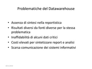 20/11/2014 
Problematiche del Datawarehouse 
• Assenza di sintesi nella reportistica 
• Risultati diversi da fonti diverse per la stessa 
problematica 
• Inaffidabilità di alcuni dati critici 
• Costi elevati per sintetizzare report e analisi 
• Scarsa comunicazione dei sistemi informativi 
 