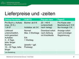 Lieferpreise und -zeiten
Online-Fernleihe                    SUBITO                Pay-per-view     PaperC
Pro Buch u. Aufsatz                 Bücher: ab 8 €        20 - >40 €       Pro Kopie oder
(max. 20 S.)                                              (unterschiedl.   Bearbeitung 0,10 €
1,50 $*                             Aufsätze: ab 5 €      nach Verlag)     Nur Anzeige: 0 €
Lieferzeit                          Normal:         Download sofort        Anzeige sofort
unterschiedlich,                    Max. 3 Werktage nach Zahlung           nach einmaliger
nicht garantiert                                    mit Kreditkarte        Registrierung
Aufsätze:                           Eilt:
3 – 5 Tage,                         1 Werktag
teilw. länger
Bücher:                             (jeweils + ggf.
10 – 30 Tage, teilw.                Postweg)
länger
*pro Bestellung

  Bibliothek der Fachhochschule Hannover · Horst Ferber                                      24
 