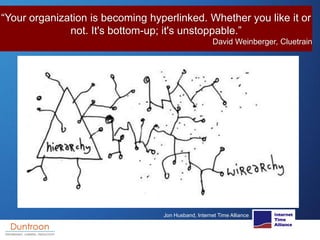“Your organization is becoming hyperlinked. Whether you like it or
              not. It's bottom-up; it's unstoppable.”
 ...