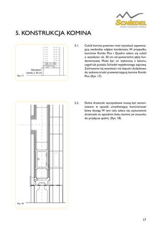 17
Rys. 18
5. KONSTRUKCJA KOMINA
5.1.	 Cokół komina powinien mieć wysokość zapewnia-
jącą swobodny odpływ kondensatu. W przypadku
kominów Rondo Plus i Quadro zaleca się cokół
o wysokości ok. 30 cm od powierzchni płyty fun-
damentowej. Może być on wykonany z betonu,
cegieł lub pustaka Schiedel wypełnionego zaprawą.
Zachowanie tej wysokości nie dopuści dodatkowo
do zatkania kratki przewietrzającej komina Rondo
Plus (Rys. 17).
5.2.	 Dolne drzwiczki wyczystkowe muszą być zamon-
towane w sposób umożliwiający kominiarzowi
łatwy dostęp. W tym celu zaleca się usytuowanie
drzwiczek na sąsiednim boku komina (w stosunku
do przyłącza spalin). (Rys. 18).
Rys. 17
Wysokość
cokołu ≥ 30 cm
 