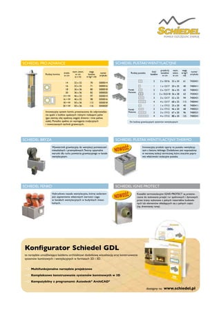 Multifunkcjonalne narzędzie projektowe
Kompleksowe konstruowanie systemów kominowych w 3D
Kompatybilny z programami: Autodesk®
ArchiCAD®
to narzędzie umożliwiające każdemu architektowi dodatkową wizualizację oraz konstruowanie
systemów kominowych i wentylacyjnych w formatach 2D i 3D.
Konfigurator Schiedel GDL
dostępny na: www.schiedel.pl
Innowacyjny system komin, przeznaczony do odprowadza-
nia spalin z kotłów opalanych różnymi rodzajami paliw
(gaz ziemny, olej opałowy, węgiel, drewno i inne paliwa
stałe). Ponadto spełnia on wymagania tradycyjnych
i nowoczesnych technik grzewczych.
SCHIEDEL PRO ADVANCE
Hybrydowa nasada wentylacyjna, której zadaniem
jest zapewnienie właściwych wartości ciągu
w kanałach wentylacyjnych w budynkach miesz-
kalnych.
SCHIEDEL FENKO
Wywietrznik grawitacyjny do wentylacji pomieszczeń
mieszkalnych i przemysłowych.Tworzy optymalne
warunki dla ruchu powietrza grawitacyjnego w kanale
wentylacyjnym.
SCHIEDEL BRYZA
Rodzaj komina
średn.
w cm
wym. zewn.
w cm
(a x b)
waga
komina
w kg/1 mb
numer
artykułu
14 32 x 32 70 5000014
16 32 x 32 71 5000016
18 36 x 36 80 5000018
20 36 x 36 82 5000020
14 + W 46 x 32 97 5050014
16 + W 46 x 32 98 5050016
18 + W 50 x 36 113 5050018
20 + W 50 x 36 116 5050020
Do budowy grawitacyjnych systemów wentylacyjnych.
SCHIEDEL PUSTAKI WENTYLACYJNE
Rodzaj pustaka
ilość
kanałów
przekrój
kanałów
w cm
wym.
zewn.
w cm
waga
w kg/1
mb
numer
artykułu
Kanały
Pionowe
2 2 x 10/16 32 x 24 61 7420421
1 1 x 12/17 20 x 25 40 7400411
2 2 x 12/17 36 x 25 65 7400421
2 2 x 10,5/18 36 x 28 63 7430421
3 3 x 12/17 52 x 25 94 7400431
4 4 x 12/17 68 x 25 115 7400441
Kanały
Poziome
1 1 x 17/12 25 x 20 40 7400411
2 2 x 17/12 46 x 20 68 7400521
3 3 x 17/12 67 x 20 96 7400531
4 4 x 17/12 88 x 20 125 7400541
Innowacyjny produkt oparty na pustaku wentylacyj-
nym z betonu lekkiego. Dodatkowo jest wyposażony
w warstwę izolacji termicznej, która znacznie popra-
wia właściwości izolacyjne pustaka.
SCHIEDEL PUSTAK WENTYLACYJNY THERMO
Kształtki termoizolacyjne IGNIS PROTECT są przezna-
czone do izolowania przejść rur spalinowych i dymowych
przez ściany wykonane z palnych materiałów budowla-
nych lub elementów składających się z palnych części
(np. drewnianej ramy).
SCHIEDEL IGNIS PROTECT
NOWOŚĆ
NOWOŚĆ
 