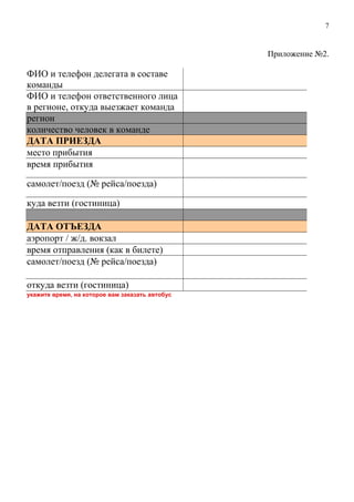 Приложение №2.
ФИО и телефон делегата в составе
команды
ФИО и телефон ответственного лица
в регионе, откуда выезжает команда
регион
количество человек в команде
ДАТА ПРИЕЗДА
место прибытия
время прибытия
самолет/поезд (№ рейса/поезда)
куда везти (гостиница)
ДАТА ОТЪЕЗДА
аэропорт / ж/д. вокзал
время отправления (как в билете)
самолет/поезд (№ рейса/поезда)
откуда везти (гостиница)
укажите время, на которое вам заказать автобус
7
 