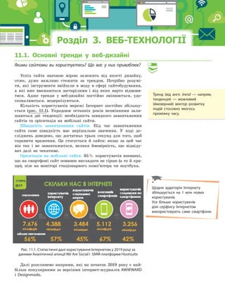 11.1. Основні тренди у веб-дизайні
Якими сайтами ви користуєтесь? Що вас у  них приваблює?
Успіх сайта значною мірою залежить від якості дизайну,
отже, дуже важливо стежити за трендом. Потрібно розумі-
ти, які інструменти ввійшли в моду в сфері сайтобудування,
а які вже вважаються застарілими і від яких варто відмови-
тися. Адже тренди у веб-дизайні постійно змінюються, удо-
сконалюються, модернізуються.
Кількість користувачів мережі Інтернет постійно збільшу-
ється (рис. 11.1). Упродовж останніх років незмінними зали-
шаються дві тенденції: необхідність швидкого завантаження
сайтів та орієнтація на мобільні сайти.
Швидкість завантаження сайтів. Під час завантаження
сайта саме швидкість має вирішальне значення. У ході до-
сліджень доведено, що достатньо трьох секунд для того, щоб
справити враження. Це стосується й сайта: якщо за цей час
він так і не завантажиться, велика ймовірність, що відвіду-
вач далі не чекатиме.
Орієнтація на мобільні сайти. 85% користувачів впевнені,
що на смартфоні сайт повинен виглядати не гірше (а то й кра-
ще), ніж на моніторі стаціонарного комп’ютера чи ноутбука.
Рис. 11.1. Статистичні дані користування Інтернетом у 2019 році за
даними Аналітичної агенції We Are Social і SMM-платформи Hootsuite
Далі розглянемо напрями, які на початок 2019 року є най-
більш популярними за версіями інтернет-журналів AWWWARD
і Designmodo.
Щодня аудиторія Інтернету
збільшується на 1 млн нових
користувачів.
Усе більше користувачів
для серфінгу Інтернетом
використовують саме смартфони.
Тренд (від англ. trend — напрям,
тенденція) — можливий
(ймовірний) вектор розвитку
подій стосовно якогось
проміжку часу.
РозділРозділРозділРозділРозділРозділРозділРозділ 3. ВЕБ-ТЕХНОЛОГІЇ3. ВЕБ-ТЕХНОЛОГІЇ3. ВЕБ-ТЕХНОЛОГІЇ3. ВЕБ-ТЕХНОЛОГІЇ3. ВЕБ-ТЕХНОЛОГІЇ3. ВЕБ-ТЕХНОЛОГІЇ3. ВЕБ-ТЕХНОЛОГІЇ3. ВЕБ-ТЕХНОЛОГІЇ3. ВЕБ-ТЕХНОЛОГІЇ
 