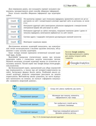 14311.2. Види сайтів...
Для отримання даних, які складають портрет цільового від-
відувача, використовують різні способи збирання інформації.
Існує кілька способів збирання інформації про аудиторію
сайта.
Спосіб 1
Лог-аналізатор сервера і  дані лічильника відвідувань (дозволяють вивчити всі дії ко-
ристувачів на сайті і  конкретизувати розподіл аудиторії сайта за регіонами, за часом
й  ін.)
Спосіб 2
Опитування аудиторії сайта (анкетування унікальних відвідувачів з  використанням
опитувальної форми або реєстрації на сайті)
Спосіб 3
Опитування аудиторії на сайтах опитувань, поєднання панельних даних і  даних лі-
чильника відвідувань (анкетування відбувається на сайті панелі)
Спосіб 4 Системи аудиту і  традиційні опитування дослідницьких компаній (агентств)
Спосіб 5 Моніторинг соціальних мереж
Дослідження великих аудиторій показують, що комуніка-
цію легше налагоджувати з малими групами покупців, об'єд-
наними в одну цільову аудиторію.
Існує чотири основні принципи сегментації цільової ауди-
торії (рис. 11.15).
Важливим джерелом статистичних даних про цільову
ауди­торію сайта є статистика запитів пошукових систем.
Оцінити величину цільової аудиторії можна за кількістю по-
шукових запитів. Такий сервіс має Google (https//www.google.
com/analytics).
Це безкоштовний сервіс, призначений для збору відомостей
про відвідуваність, а також про дії інтернет-користувачів на
сайті. Інструмент формує безліч звітів. Усебічний аналіз ці-
льової аудиторії дозволяє оперативно реагувати на запити
користувачів. Веб-майстер зможе дізнатися, як часто відвіду-
вачі натискають на кнопки, на кшталт «оформити покупку»
або «замовити зворотний дзвінок».
Склад сім'ї, рівень прибутків, рід занять
Мотивація при покупці, лояльність,
інформованість про товар
Тип особистості, спосіб життя,
суспільне становище
Структура комерційної діяльності
Динаміка розвитку регіону
Поведінковий принцип
sale
%
Демографічний принцип
Географічний принцип
Психологічний принцип
Рис. 11.15. Сегментація цільової аудиторії
Логотип Google analytics,
багатофункціонального сервісу
для аналізу інтернет-сайтів
і  додатків.
 