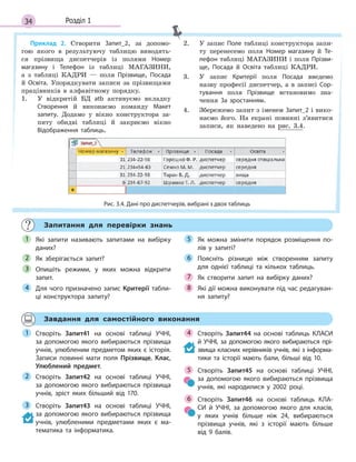 34 Розділ 1
Приклад 2. Створити Запит_2, за допомо-
гою якого в результуючу таблицю виводять-
ся прізвища диспетчерів із полями Номер
магазину і Телефон із таблиці МАГАЗИНИ,
а з таблиці КАДРИ — поля Прізвище, Посада
й Освіта. Упорядкувати записи за прізвищами
працівників в алфавітному порядку.
1. У відкритій БД atb активуємо вкладку
Створення й виконаємо команду Макет
запиту. Додамо у вікно конструктора за-
питу обидві таблиці й закриємо вікно
Відображення таблиць.
2. У запис Поле таблиці конструктора запи-
ту перенесемо поля Номер магазину й Те­
лефон таблиці МАГАЗИНИ і поля Прізви­
ще, Посада й Освіта таблиці КАДРИ.
3. У запис Критерії поля Посада введемо
назву професії диспетчер, а в записі Сор­
тування поля Прізвище встановимо зна-
чення За зростанням.
4. Збережемо запит з іменем Запит_2 і вико-
наємо його. На екрані повинні з’явитися
записи, як наведено на рис. 3.4.
Рис. 3.4. Дані про диспетчерів, вибрані з двох таблиць
Запитання для перевірки знань
Які запити називають запитами на вибірку
даних?
Як зберігається запит?
Опишіть режими, у  яких можна відкрити
запит.
Для чого призначено запис Критерії табли­
ці конструктора запиту?
Як можна змінити порядок розміщення по­
лів у  запиті?
Поясніть різницю між створенням запиту
для однієї таблиці та кількох таблиць.
Як створити запит на вибірку даних?
Які дії можна виконувати під час редагуван­
ня запиту?
1
2
3
4
5
6
7
8
Завдання для самостійного виконання
Створіть Запит41 на основі таблиці УЧНІ,
за допомогою якого вибираються прізвища
учнів, улюбленим предметом яких є історія.
Записи повинні мати поля Прізвище, Клас,
Улюблений предмет.
Створіть Запит42 на основі таблиці УЧНІ,
за допомогою якого вибираються прізвища
учнів, зріст яких більший від 170.
Створіть Запит43 на основі таблиці УЧНІ,
за допомогою якого вибираються прізвища
учнів, улюбленими предметами яких є  ма­
тематика та інформатика.
Створіть Запит44 на основі таблиць КЛАСИ
й  УЧНІ, за допомогою якого вибираються прі­
звища класних керівників учнів, які з інформа­
тики та історії мають бали, більші від 10.
Створіть Запит45 на основі таблиці УЧНІ,
за допомогою якого вибираються прізвища
учнів, які народилися у  2002 році.
Створіть Запит46 на основі таблиць КЛА­
СИ й УЧНІ, за допомогою якого для класів,
у  яких учнів більше ніж 24, вибираються
прізвища учнів, які з  історії мають більше
від 9 балів.
1
2
3
4
5
6
 