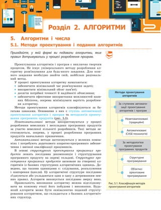 555.1. Методи проектування...
Розділ 2. АЛГОРИТМИАЛГОРИТМИАЛГОРИТМИАЛГОРИТМИАЛГОРИТМИАЛГОРИТМИАЛГОРИТМИАЛГОРИТМИАЛГОРИТМИАЛГОРИТМИАЛГОРИТМИАЛГОРИТМИАЛГОРИТМИАЛГОРИТМИАЛГОРИТМИАЛГОРИТМИАЛГОРИТМИАЛГОРИТМИАЛГОРИТМИАЛГОРИТМИ
5. Алгоритми і числа
5.1. Методи проектування і подання алгоритмів
Пригадайте, у  якій формі ви подавали алгоритми, яких
правил дотримувались у  процесі розроблення програм.
Проектування алгоритмів і програм є виключно творчим
процесом. Не існує універсального методу розроблення ал-
горитму розв’язування для будь-якого завдання. Для кож-
ного завдання необхідно знайти свій, найбільш раціональ-
ний метод.
У процесі проектування алгоритму намагаються:
• забезпечити мінімальний час розв’язування задачі;
• використати мінімальний обсяг пам’яті;
• досягти потрібної точності й надійності обчислення;
• забезпечити ефективне використання можливостей наяв-
них бібліотек, зокрема мінімізувати вартість розроблен-
ня алгоритму.
Методи проектування алгоритмів класифікуються за ба-
гатьма ознаками. Основними з них є ступінь автоматизації
проектування алгоритмів і програм та методологія проекту-
вання програмних продуктів (рис. 5.1).
Неавтоматизовані методи використовуються у процесі
розроблення невеликих і нескладних програмних продуктів
за участю невеликої кількості розробників. Такі методи за-
стосовуються, зокрема, у процесі розроблення програмних
продуктів навчального призначення.
Автоматизовані методи застосовуються у великих компа-
ніях і потребують додаткового апаратно-програмного забезпе-
чення і високої кваліфікації працівників.
В основі структурного проектування програмних про-
дуктів лежать послідовна декомпозиція і структурування
програмного продукту на окремі складові. Структурне про-
ектування програмних продуктів засноване на створенні ал-
горитмів із базових структурних алгоритмічних одиниць. До-
ведено, що такими одиницями є: слідування, розгалуження
і повторення (цикли). Ці алгоритмічні структури послідовно
з’єднуються або укладаються одна в одну з дотриманням пев-
них правил. Алгоритм виконується послідовно зверху вниз.
Правильність виконання алгоритму можна відслідкову-
вати на кожному етапі його побудови і виконання. Будь-
який алгоритм може бути еквівалентно поданий структу-
рованим алгоритмом, що складається з базових алгоритміч-
них структур.
За методологією
проектування
програмних продуктів
За ступенем автомати-
зації проектування
алгоритмів і  програм
Неавтоматизовані
(традиційні)
Автоматизовані
(CASE-технологія)
Структурне
програмування
Об’єктно-
орієнтоване
програмування
Методи проектування
алгоритмів
Рис. 5.1. Класифікація методів
проектування алгоритмів
 
