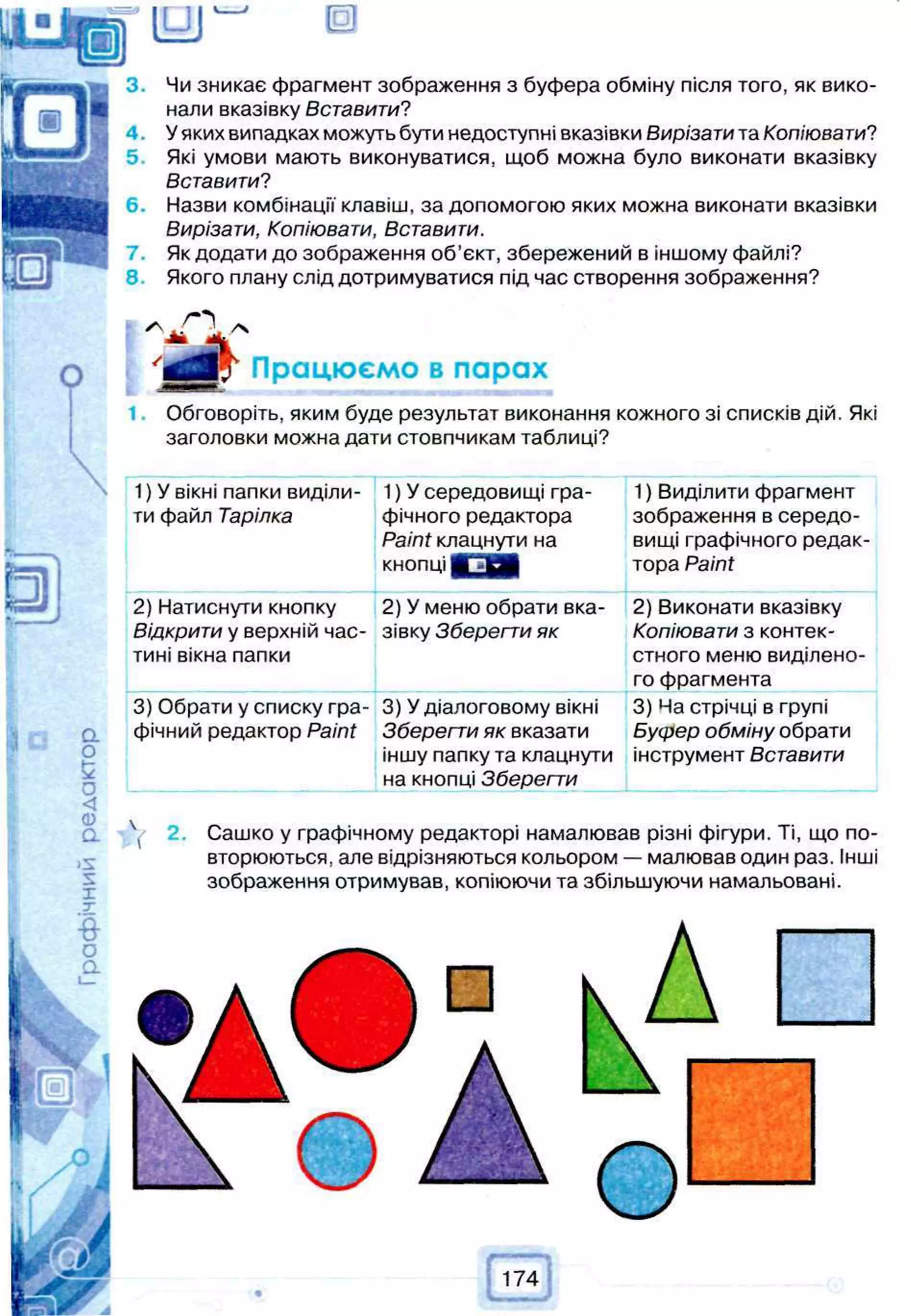 Чи зникає фрагмент зображення з буфера обміну після того, як вико­
нали вказівку Вставити?
Уяких випадках можуть бути недоступні вказівки Вирізати та Копіювати?
Які умови мають виконуватися, щоб можна було виконати вказівку
Вставити?
Назви комбінації клавіш, за допомогою яких можна виконати вказівки
Вирізати, Копіювати, Вставити.
Як додати до зображення об'єкт, збережений в іншому файлі?
Якого плану слід дотримуватися під час створення зображення?
Працюємо в парах
Обговоріть, яким буде результат виконання кожного зі списків дій. Які
заголовки можна дати стовпчикам таблиці?
1) У вікні папки виділи­
ти файл Тарілка
1) У середовищі гра­
фічного редактора
Paint клацнути на
кнопці Ю 5 Л
1) Виділити фрагмент
зображення в середо­
вищі графічного редак­
тора Paint
2) Натиснути кнопку
Відкрити у верхній час­
тині вікна папки
2) У меню обрати вка­
зівку Зберегти як
2) Виконати вказівку
Копіювати з контек­
стного меню виділено­
го фрагмента
3) Обрати у списку гра­
фічний редактор Paint
3) У діалоговому вікні
Зберегти як вказати
іншу папку та клацнути
на кнопці Зберегти
3) Ча стрічці в групі
буфер обміну обрати
інструмент Вставити
Сашко у графічному редакторі намалював різні фігури. Ті, що по­
вторюються, але відрізняються кольором — малював один раз. Інші
зображення отримував, копіюючи та збільшуючи намальовані.
174
 