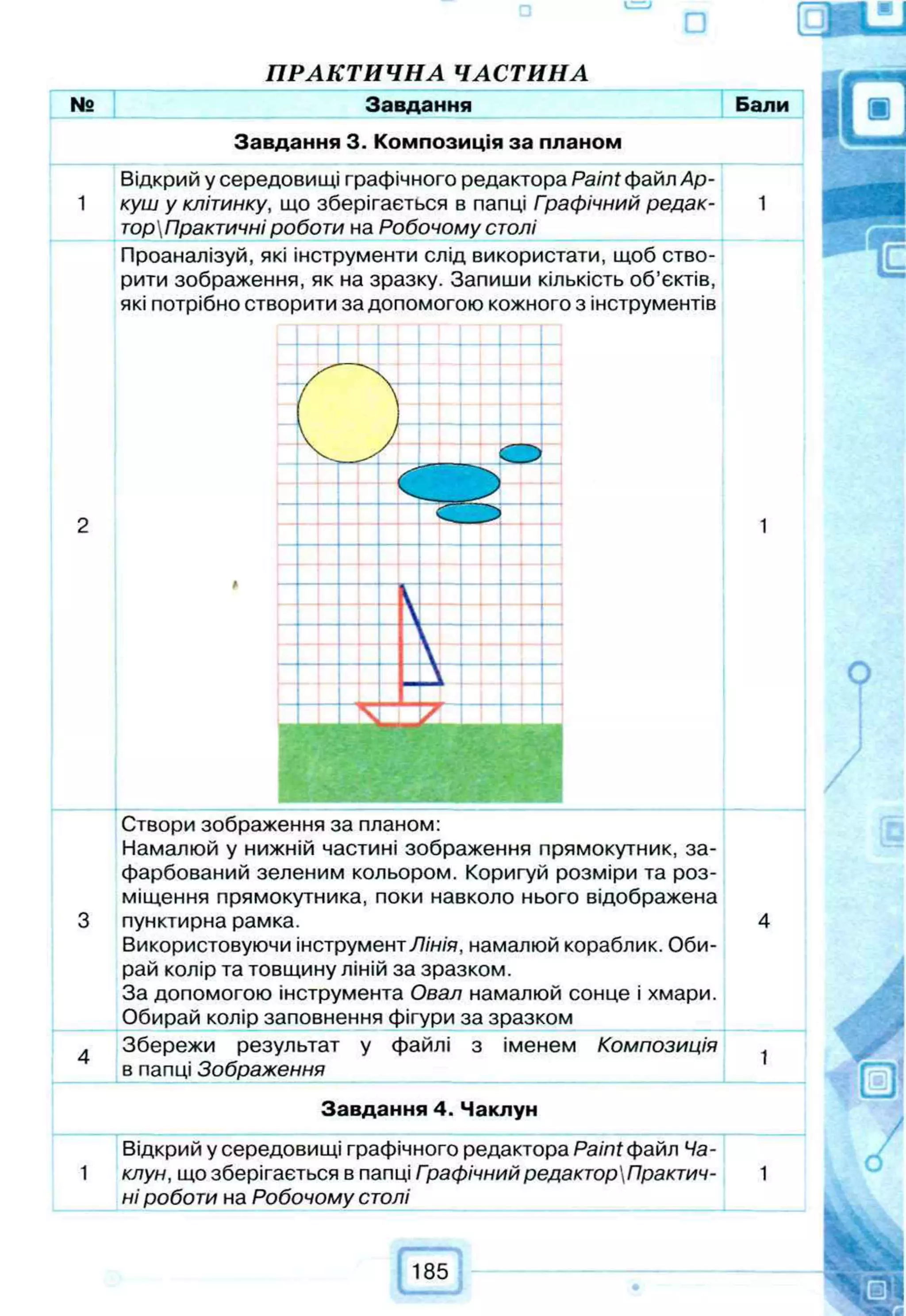 П Р А К Т И Ч Н А Ч А С Т И Н А
№ __________ Завдання____________
Завдання 3. Композиція за планом
Бали
Відкрий у середовищі графічного редактора Paint файл Ар­
куш у клітинку, що зберігається в папці Гоафічний редак-
торПрактичні роботи на Робочому столі
Проаналізуй, які інструменти слід використати, щоб ство­
рити зображення, як на зразку. Запиши кількість об’єктів,
які потрібно створити за допомогою кожного з інструментів
Створи зображення за планом:
Намалюй у нижній частині зображення прямокутник, за­
фарбований зеленим кольором. Коригуй розміри та роз­
міщення прямокутника, поки навколо нього відображена
пунктирна рамка.
Використовуючи інструмент/7/н/я, намалюй кораблик. Оби­
рай колір та товщину ліній за зразком.
За допомогою інструмента Овал намалюй сонце і хмари.
Обирай колір заповнення фігури за зразком
Збережи результат у файлі з іменем Композиція
в папці Зображення __________
Завдання 4. Чаклун
Відкрий у середовищі графічного редактора Paint файл Ча­
клун, що зберігається в папці Графічний редакторПрактич-
ні роботи на Робочому столі _______ _______ ________ І
 