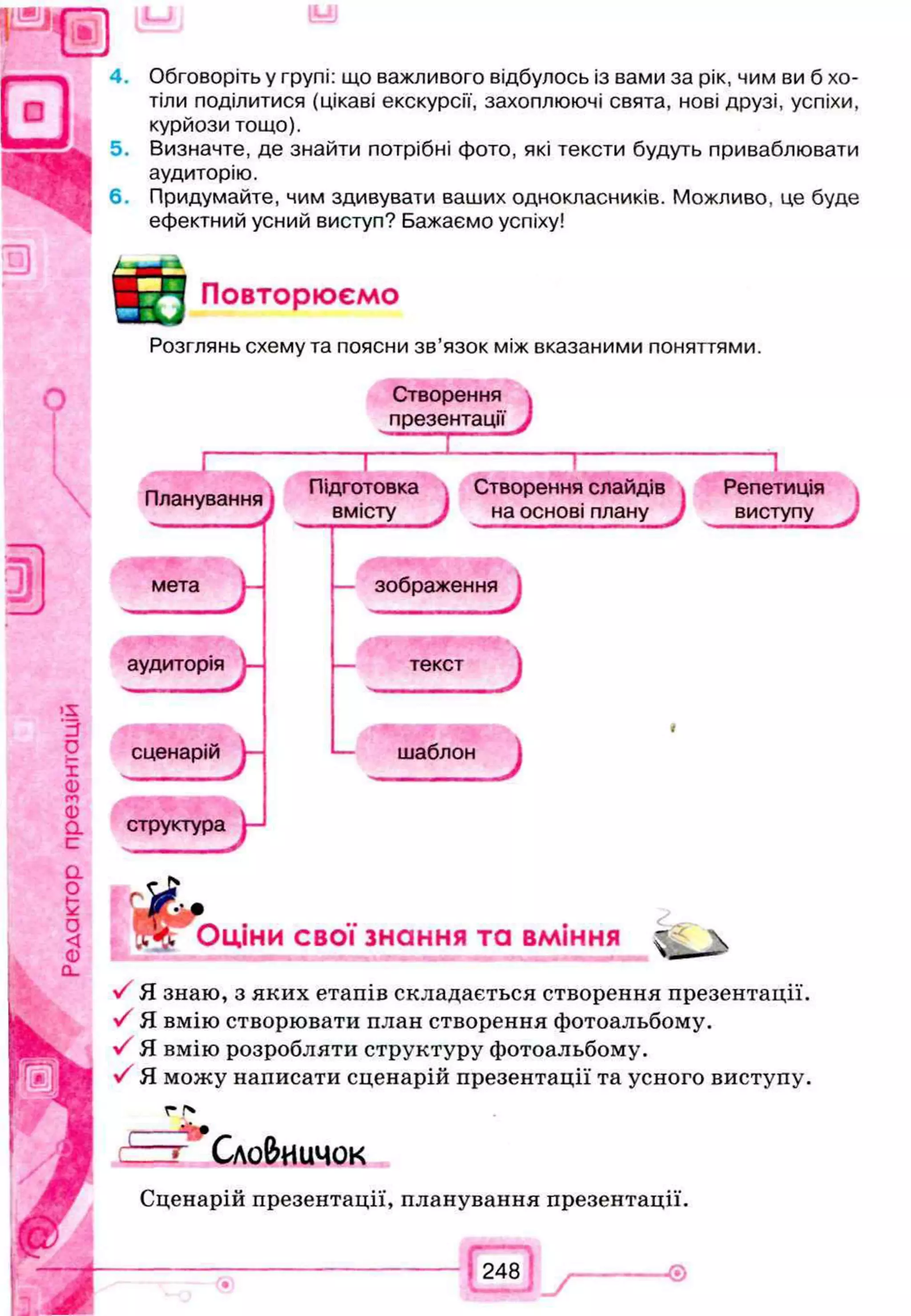 GO*щ
О
4. Обговоріть у групі: що важливого відбулось із вами за рік, чим ви б хо­
тіли поділитися (цікаві екскурсії, захоплюючі свята, нові друзі, успіхи,
курйози тощо).
5. Визначте, де знайти потрібні фото, які тексти будуть приваблювати
аудиторію.
6 . Придумайте, чим здивувати ваших однокласників. Можливо, це буде
ефектний усний виступ? Бажаємо успіху!
Повторюємо
Розглянь схему та поясни зв’язок між вказаними поняттями.
J
„ г
Планування
мета
аудиторія
сценарій
структура
!
Підготовка
вмісту
Створення
презентації
ІГ~~Г
зображення
)
Створення слайдів
на основі плану J
— І
Репетиція
виступу J
)
г— текст
D
шаблон
J
і Оціни свої знання та вміння ^
V Я знаю, з яких етапів складається створення презентації.
■УЯ вмію створювати план створення фотоальбому.
J Я вмію розробляти структуру фотоальбому.
Я можу написати сценарій презентації та усного виступу.
Сло&ничок
Сценарій презентації, планування презентації.
 
