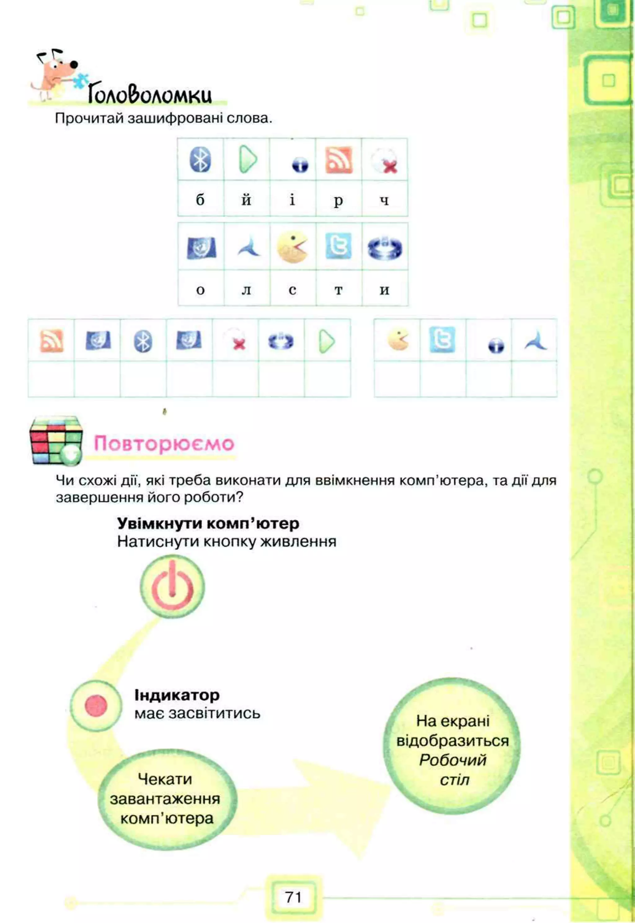 4 •
Головоломки
Прочитай зашифровані слова.
G D о * і
б й і Р Ч
ЕУ
•
<
Ітяіі П
0 л с Т и
Сш В1 © Е і X О tt
■Р Ч Повторюємо
Чи схожі дії, які треба виконати для ввімкнення комп’ютера, та дії для
завершення його роботи?
Увімкнути ко м п ’ю тер
Натиснути кнопку живлення
•
Індикатор
має засвітитись
V У
Чекати
завантаження
ко м п ’ютера
На екрані
відобразиться
Робочий
стіл
71
 
