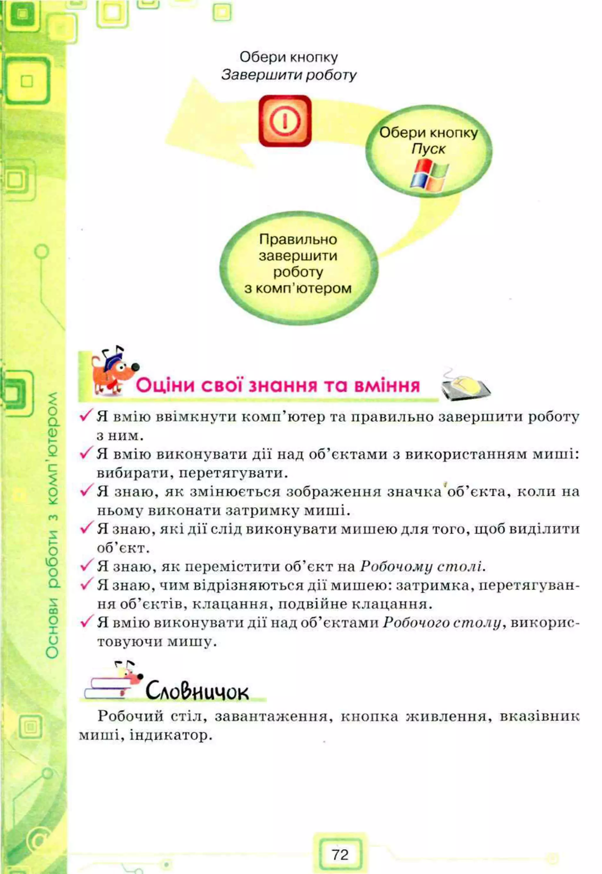 п
Обери кнопку
Завершити роботу
О
а
ѳ
с
$
оѵ
О
Ю
О
а
£сс
О
X
и
О
ЭцііОціни свої знання та вміння *__ 
У Я вмію ввімкнути комп’ютер та правильно завершити роботу
з ним.
У Я вмію виконувати дії над об’єктами з використанням миші:
вибирати, перетягувати.
У Я знаю, як змінюється зображення значка об’єкта, коли на
ньому виконати затримку миші.
У Я знаю, які дії слід виконувати мишею для того, щоб виділити
об’єкт.
У Я знаю, як перемістити об’єкт на Робочому столі.
У Я знаю, чим відрізняються дії мишею: затримка, перетягуван­
ня об’єктів, клацання, подвійне клацання.
У Я вмію виконувати дії над об’єктами Робочого столу, викорис­
товуючи мишу.
Сло&иичок
Робочий стіл, завантаження, кнопка живлення, вказівник
миші, індикатор.
72
Правильно
завершити
роботу
з комп'ютером
 
