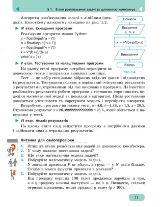 § 1.  Етапи розв’язування задачі за допомогою комп’ютера
11
Алгоритм розв’язування задачі є лінійним (див.
далі). Блок-схему алгоритму наведено на рис. 1.2.
ІV етап. Складання програми
Реалізуємо алгоритм мовою Python:
a = float(input('a = ?'))
b = float(input('b = ?'))
v = float(input('v = ?'))
x = v*(b+a)/(b–a)
print('x = ', x)
V етап. Тестування та налаштування програми
На цьому етапі програму потрібно перевірити за
допомогою тестів і виправити виявлені помилки.
Тест — це набір спеціально дібраних вхідних даних і відповідних
їм результатів. Тестування полягає в порівнянні очікуваних результатів
з результатами, отриманими під час виконання програми. Найчастіше
розбіжність результатів роботи програми з тестовими спричиняють не-
доліки математичної моделі та помилки в алгоритмі. Після тестування
доводиться уточнювати та корегувати модель і перевіряти алгоритм.
Випробуємо програму на такому тесті: а=4.0, b=4.48, v=1.5, x=26.5.
Отримаємо результат x = 26.49999999999998 ≈ 26.5, який збігається з на-
веденим у тесті.
VІ етап. Аналіз результатів
На цьому етапі слід запустити програму з потрібними даними
і здійснити аналіз отриманих результатів.
Питання для самоперевірки
1.	 Опишіть етапи розв’язування задачі за допомогою комп’ютера.
2.	 У чому полягає постановка задачі?
3.	 Що таке математична модель задачі?
4.	 Побудуйте математичну модель задачі.
У магазин привезли Р кг яблук, а груш — у N разів більше.
Скільки всього фруктів привезли в магазин?
5.	 Побудуйте математичну модель задачі.
	 Від продажу перших 100 газет продавець заробляє а грн,
а від продажу кожної наступної — по х к. Визначте, скільки
отримає продавець, якщо продано у газет (у  100).
Початок
Введення
a, b, v
Кінець
Виведення
x = v*(b+a)/(b–a)
Рис. 1.2
 