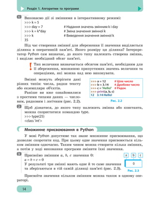 14
Розділ 1. Алгоритми та програми
Виконаємо дії зі змінними в інтерактивному режимі:
 k = 5
 day = 7				 # Надання значень змінним k i day
 k = k*day			 # Зміна значення змінної k
 k					 # Виведення значення змінної k
35
Під час створення змінної для збереження її значення виділяється
ділянка в оперативній пам’яті. Якого розміру ця ділянка? Інтерпре-
татор Python сам визначає, до якого типу належить створена змінна,
і виділяє необхідний обсяг пам’яті.
Тип величини визначається обсягом пам’яті, необхідним для
її збереження, множиною припустимих значень величини та
операціями, які можна над нею виконувати.
Змінні можуть зберігати дані
різних типів: числа, рядки тексту
або екземпляри об’єктів.
Раніше ви вже ознайомилися
з простими типами даних — число-
вим, рядковим і логічним (рис. 2.2).
Щоб дізнатися, до якого типу належить змінна або константа,
можна скористатися командою type.
 type(25)
class 'int'
	 Множинне присвоювання в Python
У мові Python допустиме так зване множинне присвоювання, що
дозволяє скоротити код. При цьому одне значення присвоюється кіль-
ком змінним одночасно. Таким чином можна створити кілька змінних,
а потім у ході виконання програми змінити їхні значення.
Присвоїмо змінним a, b, c значення 0:
а = b = c = 0
У результаті три змінні мають одне й те саме значення
та зберігаються в тій самій ділянці пам’яті (рис. 2.3).
Присвоїти значення кільком змінним можна також в одному опе-
раторі.
1
 a = 12			 # Ціле число
 b = 3.14		 # Дробове число
 c = 'Hello!'	 # Рядок
 print(a, b, c)
12 3.14 Hello!
Рис. 2.2
2
3
Рис. 2.3
0
а b c
 