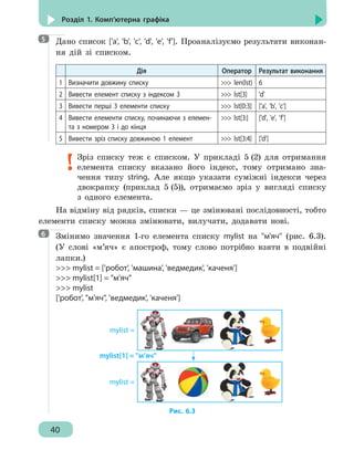 40
Розділ 1. Комп’ютерна графіка
Дано список ['a', 'b', 'c', 'd', 'e', 'f']. Проаналізуємо результати виконан-
ня дій зі списком.
Дія Оператор Результат виконання
1 Визначити довжину списку  len(lst) 6
2 Вивести елемент списку з індексом 3  lst[3] 'd'
3 Вивести перші 3 елементи списку  lst[0:3] ['a', 'b', 'c']
4 Вивести елементи списку, починаючи з елемен-
та з номером 3 і до кінця
 lst[3:] ['d', 'e', 'f']
5 Вивести зріз списку довжиною 1 елемент  lst[3:4] ['d']
Зріз списку теж є списком. У прикладі 5 (2) для отримання
елемента списку вказано його індекс, тому отримано зна-
чення типу string. Але якщо указати суміжні індекси через
двокрапку (приклад 5 (5)), отримаємо зріз у вигляді списку
з одного елемента.
На відміну від рядків, списки — це змінювані послідовності, тобто
елементи списку можна змінювати, вилучати, додавати нові.
Змінимо значення 1-го елемента списку mylist на ''м'яч'' (рис. 6.3).
(У слові «м’яч» є апостроф, тому слово потрібно взяти в подвійні
лапки.)
 mylist = ['робот', 'машина', 'ведмедик', 'каченя']
 mylist[1] = м'яч
 mylist
['робот', м'яч, 'ведмедик', 'каченя']
mylist =
mylist[1] = ''м’яч''
mylist =
Рис. 6.3
5
6
 