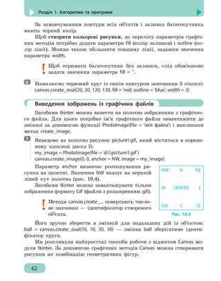 62
Розділ 1. Алгоритми та програми
За замовчуванням контури всіх об’єктів і заливка багатокутника
мають чорний колір.
Щоб створити кольорові рисунки, до переліку параметрів графіч-
них методів потрібно додати параметри fill (колір заливки) і outline (ко-
лір лінії). Можна також збільшити товщину лінії, задавши значення
параметра width.
Щоб отримати багатокутник без заливки, слід обов’язково
задати значення параметра fill = ''.
Намалюємо червоний круг із синім контуром завтовшки 3 пікселі:
canvas.create_oval(20, 30, 120, 130, fill = 'red', outline = 'blue', width = 3)
	 Виведення зображень із графічних файлів
Засобами tkinter можна вивести на полотно зображення з графічно-
го файла. Для цього потрібно ім’я графічного файла завантажити до
змінної за допомогою функції PhotoImage(file = 'ім’я файла') і викликати
метод create_image.
Виведемо на полотно рисунок picture1.gif, який міститься в корене-
вому каталозі диска D:
my_image = PhotoImage(file = 'd:picture1.gif')
canvas.create_image(0, 0, anchor = NW, image = my_image)
Параметр anchor визначає розташування ри-
сунка на полотні. Значення NW вказує на верхній
лівий кут полотна (рис. 10.4).
Засобами tkinter можна завантажувати тільки
зображення формату GIF (файли з розширенням .gif).
Методи canvas.create_... повертають число-
ве значення — ідентифікатор створеного
об’єкта.
Його зручно зберегти в змінній для подальших дій із об’єктом:
ball = canvas.create_oval(10, 10, 30, 30) — змінна ball зберігатиме іденти-
фікатор круга.
Ми розглянули найпростіші способи роботи з віджетом Canvas мо-
дуля tkinter. За допомогою графічних методів Canvas можна створювати
рисунки як комбінацію геометричних фігур.
6
7
W ECENTER
NW NEN
SW SES
Рис. 10.4
 