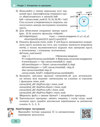 70
Розділ 1. Алгоритми та програми
2)	 Намалюйте у лівому верхньому куті чер-
воний круг. Ідентифікатор створеного кру-
га зберігатиметься в змінній ball:
ball = canvas.create_oval(10, 10, 30, 30, fill = 'red')
Слід кульки утворюватимуть відрізки, що
сполучають центри послідовних положень
круга.
3)	 Для обчислення координат центра круга
(рис. 11.5) опишіть функцію midpoint:
def midpoint(pos):			 # pos — список координат x1, y1, x2, y2
		 return[(pos[0]+pos[2])/2, (pos[1]+pos[3])/2]
4)	 Опишіть функцію move_oval(). У ній будуть змінюватися коорди-
нати круга залежно від того, яку клавішу натиснуто (параметр
event), а також малюватиметься відрізок між центрами круга
в початковому і кінцевому положеннях:
def move_oval (event):
	 step = 3 # Величина зміщення
	 P1=midpoint(canvas.coords(ball)) # Зберігаємо початкові координати
	 if event.keysym == 'Up': canvas.move(ball, 0, –step)
	 elif event.keysym == 'Down': canvas.move(ball, 0, step)
	 elif event.keysym == 'Left': canvas.move(ball, –step, 0)
	 else: canvas.move(ball, step, 0)
	 canvas.create_line(P1, midpoint(canvas.coords(ball)))
5)	 Запишіть виклики функції canvas.bind_all для встановлен-
ня зв’язку між подіями «натискання на клавішу зі стрілкою
і функцією move_oval:
canvas.bind_all('KeyPress-Up', move_oval)
canvas.bind_all('KeyPress-Down', move_oval)
canvas.bind_all('KeyPress-Left', move_oval)
canvas.bind_all('KeyPress-Right', move_oval)
Збережіть файл з іменем Vprava11 і випробуйте програму.
6)	 Удоскональте програму: змініть товщину і колір сліду, який
залишає круг; додайте діагональні переміщення за допомогою
клавіш A, S, Z, X.
Комп’ютерне тестування
Виконайте тестове завдання 11 із автоматичною
перевіркою результату.
pos[0] pos[2]
pos[1]
pos[3]
x, y
Рис. 11.5
 