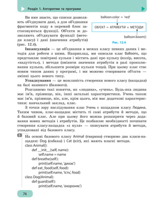 74
Розділ 1. Алгоритми та програми
Ви вже знаєте, що списки дозволя-
ють об’єднувати дані, а для об’єднання
фрагментів коду в окремий блок за-
стосовуються функції. Об’єкти ж до-
зволяють об’єднувати функції (мето-
ди класу) і дані (значення атрибутів)
(рис. 12.4).
Інкапсуляція — це об’єднання в межах класу певних даних і ме-
тодів для роботи з ними. Наприклад, ми описали клас Balloons, що
представляє повітряні кульки і містить дані про кульку (колір, висота,
«надутість»), і методи (змінити значення атрибутів в разі проколю-
вання кульки, збільшити розміри кульки тощо). При цьому клас стає
новим типом даних у програмі, і ми можемо створювати об’єкти —
змінні цього нового типу.
Успадкування — це можливість створення нового класу (нащадка)
на базі наявного (базового).
Розглянемо такі поняття, як «людина», «учень». Будь-яка людина
має ім’я, прізвище, вік, інші загальні характеристики. Учень також
має ім’я, прізвище, вік, але, крім цього, він має додаткові характерис-
тики: навчальний заклад, клас.
З точки зору наслідування клас Учень є нащадком класу Людина.
Таким чином, клас-нащадок містить ті самі атрибути й методи, що
й базовий клас. Але при цьому його можна розширити через дода-
вання нових методів і атрибутів. Це позбавляє необхідності починати
створення класу-нащадка «з нуля» — описувати атрибути й методи,
успадковані від базового класу.
На основі базового класу Animal (тварина) створимо два класи-на-
щадки: Dog (собака) і Cat (кіт), які мають власні методи.
class Animal():
	 def __init__(self, name):
		 self.name = name
	 def breathe(self):
		print(self.name, 'дихає')
	 def eat_food(self, food):
		 print(self.name, 'їсть', food)
class Dog(Animal):
	 def guard(self):
		print(self.name, 'охороняє')
ОБ’ЄКТ = АТРИБУТИ + МЕТОДИ
balloon.color = 'red'
balloon.boom()
Рис. 12.4
5
 