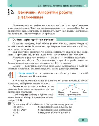 § 2.  Величини. Алгоритми роботи з величинами
11
§ 2.  Величини. Алгоритми роботи
з величинами
Комп’ютер під час роботи опрацьовує дані, які в програмі подають
у вигляді величин. Так, під час моделювання руху автомобіля будуть
використані такі величини, як швидкість руху, час, шлях. Розглянемо,
як величини використовують у програмі.
	 Основні характеристики величин
Окремий інформаційний об’єкт (число, символ, рядок тощо) на-
зивають величиною. Основними характеристиками величини є її вид,
тип, назва та значення.
Вид величини визначає, чи можна змінювати значення цієї вели-
чини в програмі. Величина може бути константою або змінною.
Константа (від лат. constans — сталий) — незмінна величина.
Наприклад, під час обчислення площі круга його радіус може на-
бувати різних значень, але величина π ≈ 3,14 є сталою.
Змінна — величина, значення якої може змінюватися в ході ви-
конання програми. Змінним надають назви (ідентифікатори).
Назва змінної — це посилання на ділянку пам’яті, в якій
зберігається її значення.
У 5 класі ви ознайомились із правилами, яких необхідно дотри-
муватися, вибираючи назви змінних.
Значення — це дані, що зберігає ве-
личина. Воно може змінюватися під час
виконання програми.
Щоб створити змінну в Python, необ-
хідно дати їй назву й присвоїти значен-
ня (рис. 2.1).
Виконаємо дії зі змінними в інтерактивному режимі:
 day = 7				 # Присвоєння значеня змінній day
 k = 5*day			 # Присвоєння значення змінній k
 k					 # Виведення значення змінної k
35
Рис. 2.1
Операція
присвоювання
а = 5
Назва
змінної
Дані
1
 