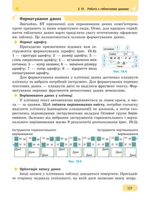 § 19.  Робота з табличними даними
121
	 Форматування даних
Звичайно, ЕТ призначені для опрацювання даних комп’ютером,
проте працюють із ними користувачі-люди. Отже, для кращого сприй-
няття табличних даних варто приділяти увагу естетичному оформлен-
ню таблиці. Це налаштовується шляхом форматування даних.
Формат шрифту
Пригадаємо призначення відомих вам ін-
струментів форматування шрифту (рис. 19.4):
1 — гарнітура шрифту; 2 — розмір шрифту; 3 —
стиль накреслення шрифту; 4 — встановлення меж
клітинки; 5 — колір заливки; 6 — змінення розміру
шрифту; 7 — колір шрифту; 8 — відкриття вікна
налаштування шрифту.
Для форматування наявних у клітинці даних достатньо клацнути
клітинку та вибрати потрібний інструмент. Для форматування окремих
текстових даних — клацнути двічі та виділити фрагмент тексту. Фор-
матування окремих фрагментів нетекстових даних неможливе.
Вирівнювання даних у клітинці
У клітинці текст автоматично вирівнюється за лівим краєм, а чис-
ла — за правим. Щоб змінити вирівнювання вмісту, потрібно спочатку
виділити клітинку (одинарним клацанням!) чи діапазон, а потім ско-
ристатись відповідними інструментами вкладки Основне групи Вирів-
нювання. Залежно від вибраних інструментів горизонтального і верти-
кального вирівнювання маємо 9 результатів розташування (рис. 19.5).
Дані
Дані
Дані
Дані
Дані
Дані
Дані
Дані
Дані
Інструменти горизонтального
вирівнювання
Інструменти вертикального
вирівнювання
Рис. 19.5
Орієнтація запису даних
Іноді записи у клітинках таблиці доводиться повертати. Пригадай-
те сторінку журналу успішності, на якій дати записано знизу вгору.
1 2
3
4
5
6
7
8
Рис. 19.4
 