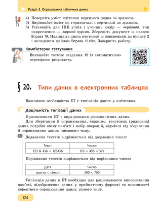 Розділ 3. Опрацювання табличних даних
124
4)	 Поверніть уміст клітинок верхнього рядка за зразком.
5)	 Вирівняйте вміст по горизонталі і вертикалі за зразком.
6)	 Установіть для ПІБ учнів і учениць колір — червоний, тип
накреслення — жирний курсив. Збережіть документ із назвою
Вправа 19. Надішліть листа вчителеві із поясненням до пункту 2
і вкладеним файлом Вправа 19.xlsx. Завершіть роботу.
Комп’ютерне тестування
Виконайте тестове завдання 19 із автоматичною
перевіркою результату.
§ 20.  Типи даних в електронних таблицях
Важливою особливістю ЕТ є типізація даних у клітинках.
	 Доцільність типізації даних
Призначенням ЕТ є опрацювання різноманітних даних.
Для зберігання й опрацювання, скажімо, текстових (рядкових)
даних потрібні обсяг пам’яті і набір операцій, відмінні від зберігання
й опрацювання даних числового типу.
Додавання текстів відрізняється від додавання чисел:
Текст Число
123  456 = 123456 123 + 456 = 579
Порівняння текстів відрізняється від порівняння чисел:
Дата Число
триста  сімсот 300  700
Типізація даних в ЕТ необхідна для раціонального використання
пам’яті, відображення даних у прийнятному форматі та можливості
коректного опрацювання даних різного типу.
1
 